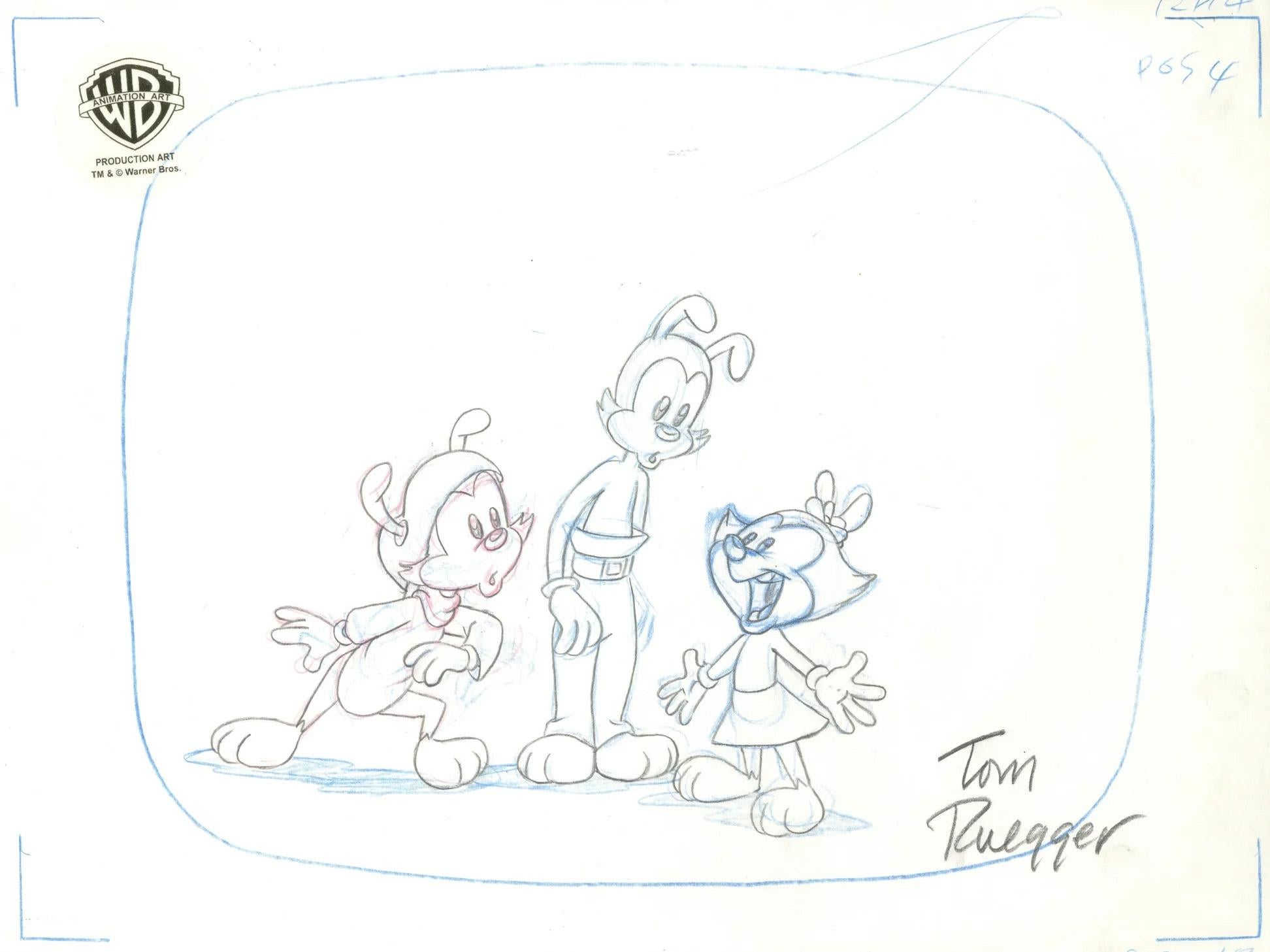 Animaniacs Original Layout Drawing Signed Tom Ruegger: Wakko, Yakko, Dot - Art by Warner Bros. Studio Artists
