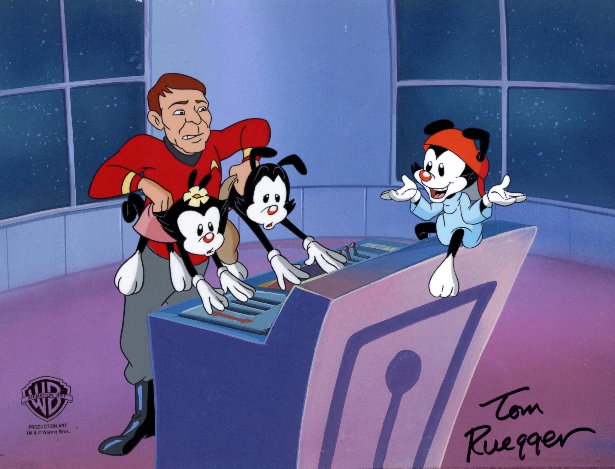 Animaniacs Original Cel & Background Signed by Tom Ruegger: The Warners, Squaty - Art by Warner Bros. Studio Artists
