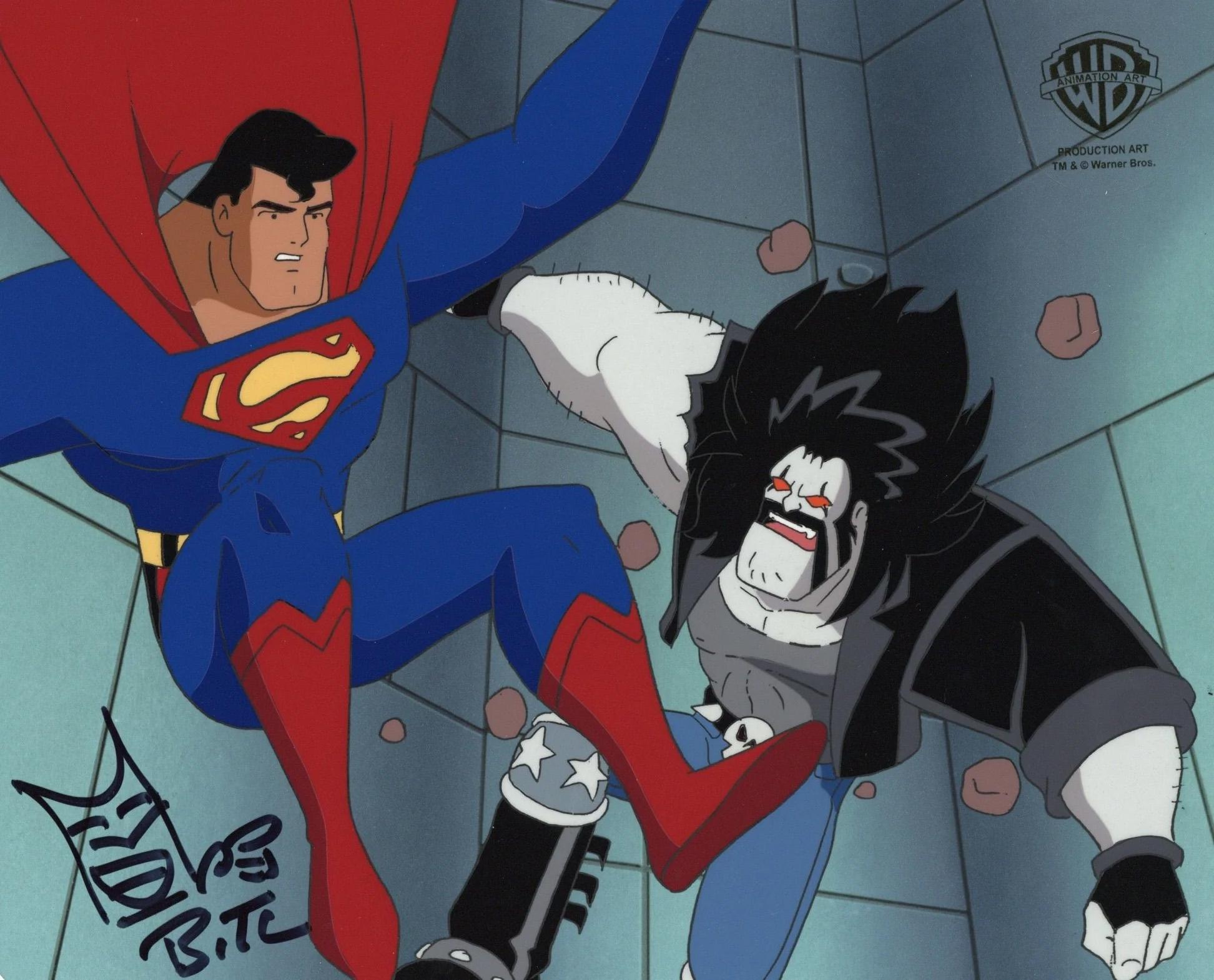 Superman Animated Original Cel w/ Drawing signed Bruce Timm: Superman, Lobo - Art by DC Comics Studio Artists