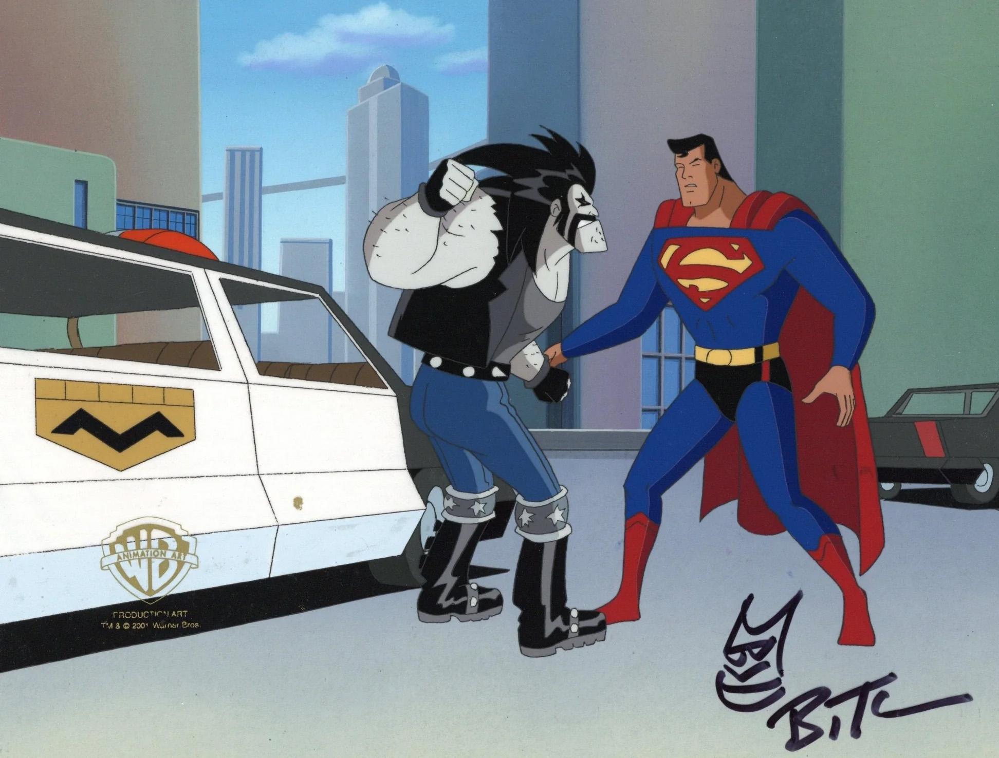Superman Animated Original Cel w/ Drawing signed Bruce Timm: Superman, Lobo  - Art by DC Comics Studio Artists