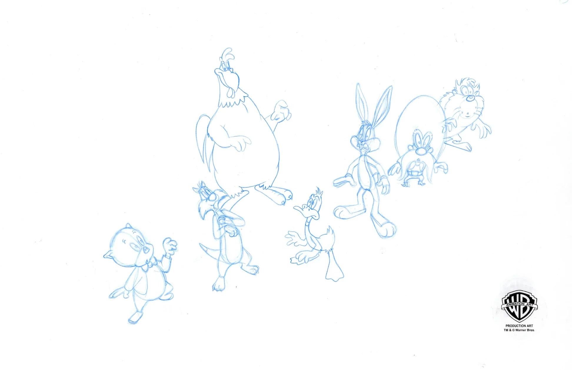 Looney Tunes Original Produktion Doppelseitige Zeichnung: Lose Tunes gegossen – Art von Looney Tunes Studio Artists