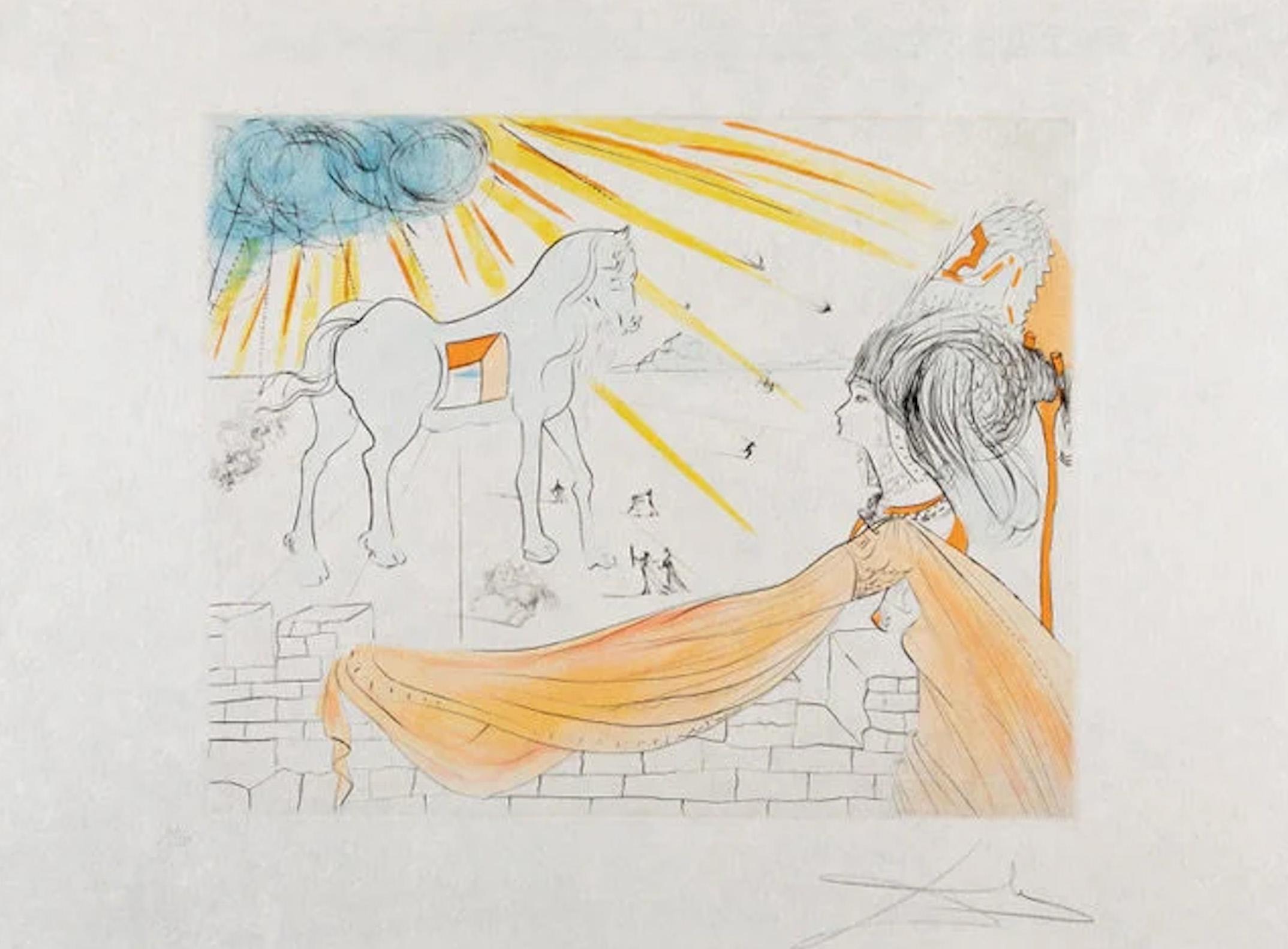 Hélène et la Cheval de Troie 1974 Radierung/Handkoloriert & Signiert von Salvador Dalí