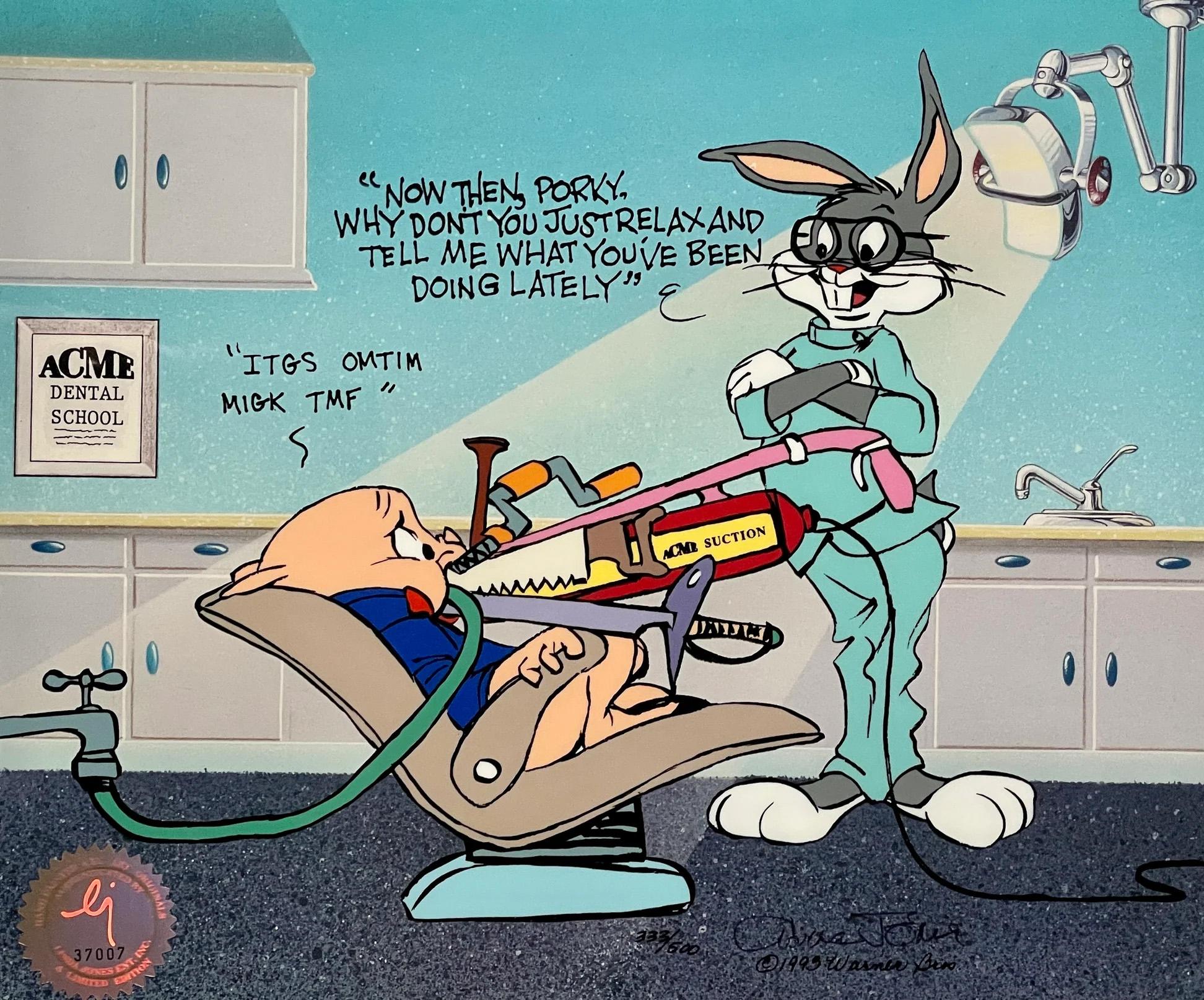 MEDIUM: Limited Edition Cel
IMAGE SIZE: 12 Field
EDITION SIZE: 500
SKU: CCV2745

Framing included in price.

ABOUT THE IMAGE: This Bugs Bunny and Porky Pig dentist-themed limited edition hand-painted cel is hand-signed by Chuck Jones and is numbered