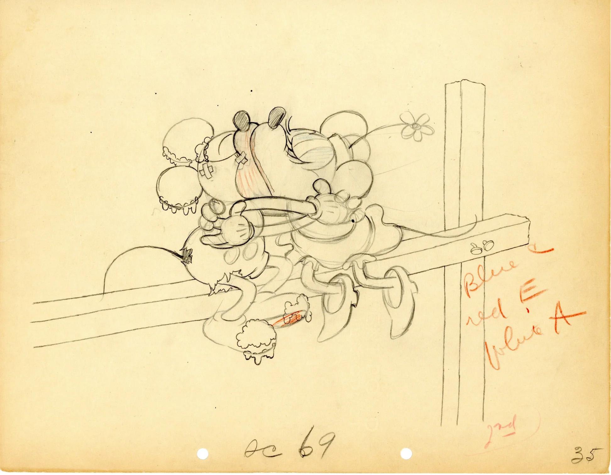 Touchdown Mickey Original Production Drawing: Mickey Mouse and Minnie Mouse - Art by Walt Disney Studio Artists