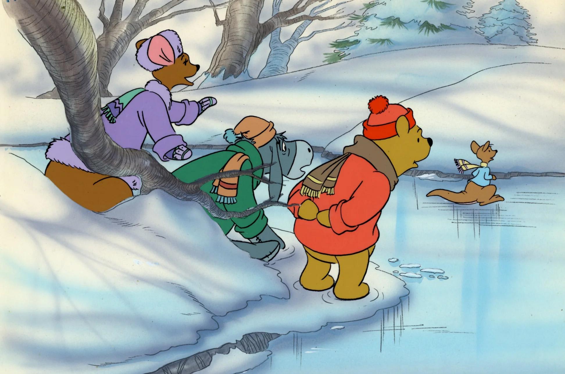 1980er Disney-Kurz: Pooh, Eeeyore, Kanga, Roo - Cel auf handbemalter Hintergrund – Art von Walt Disney Studio Artists