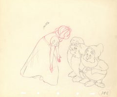 Vintage Snow White and the Seven Dwarfs Original Production Drawing: Snow White, Dwarfs