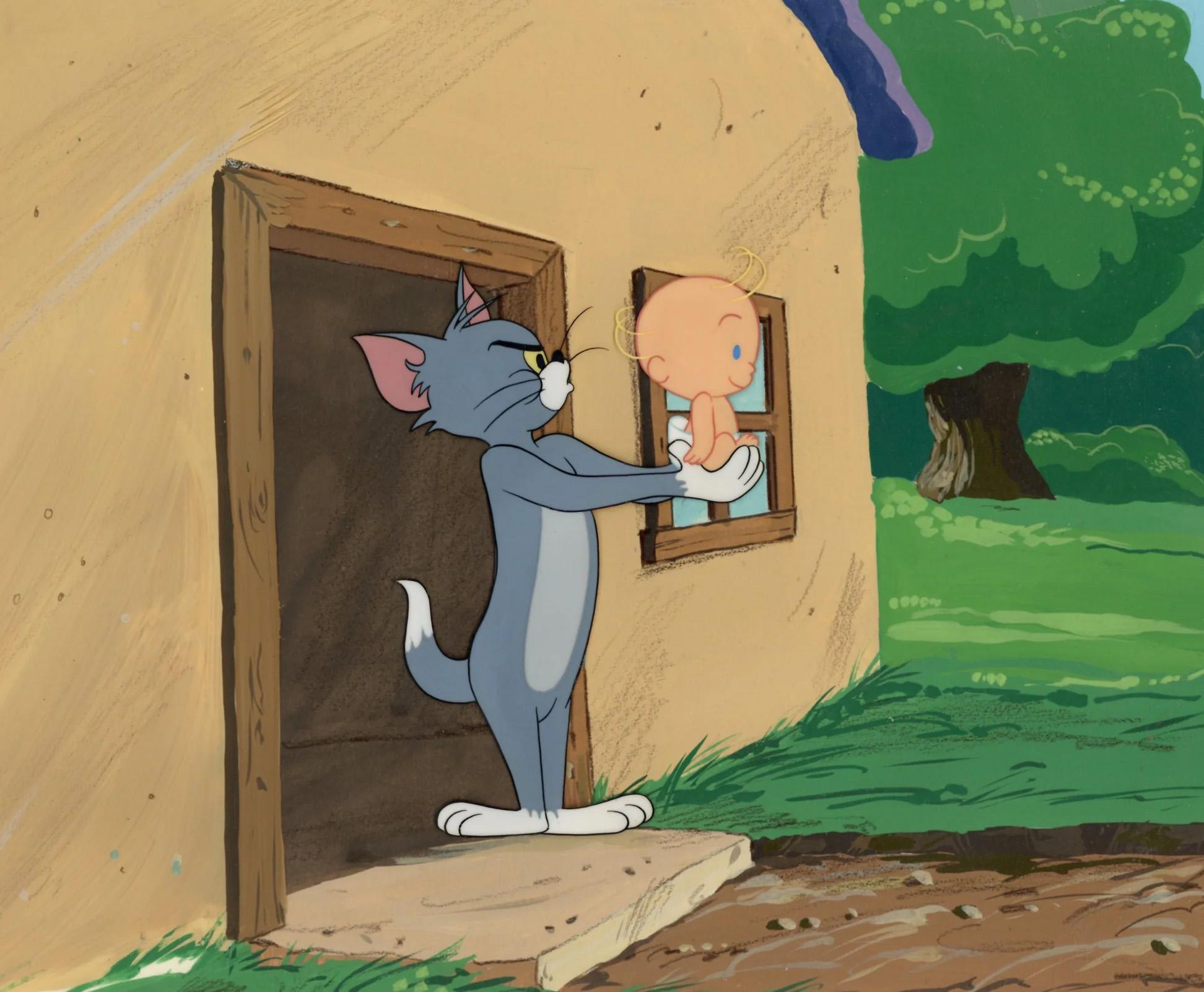 Tom and Jerry 1958 Original Production Cel on Hand-Painted Background: Tom, Baby - Art by Hanna Barbera Studio Artists