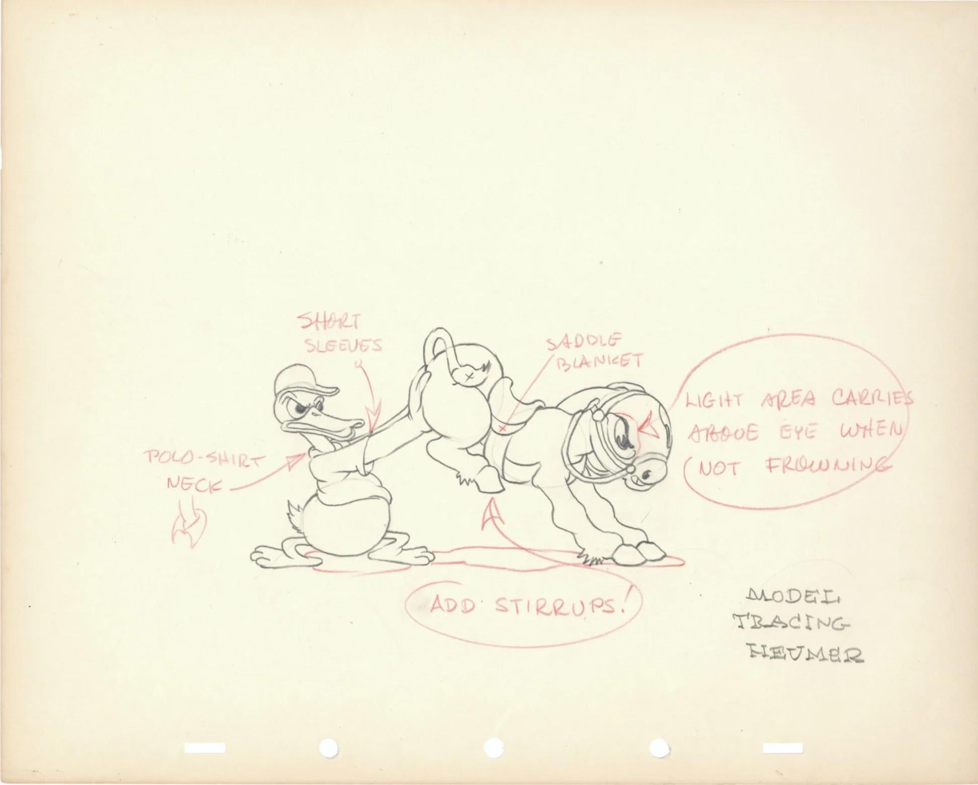 Mickey's Polo Team Original Production Drawing: Donald Duck and Donkey - Art by Walt Disney Studio Artists