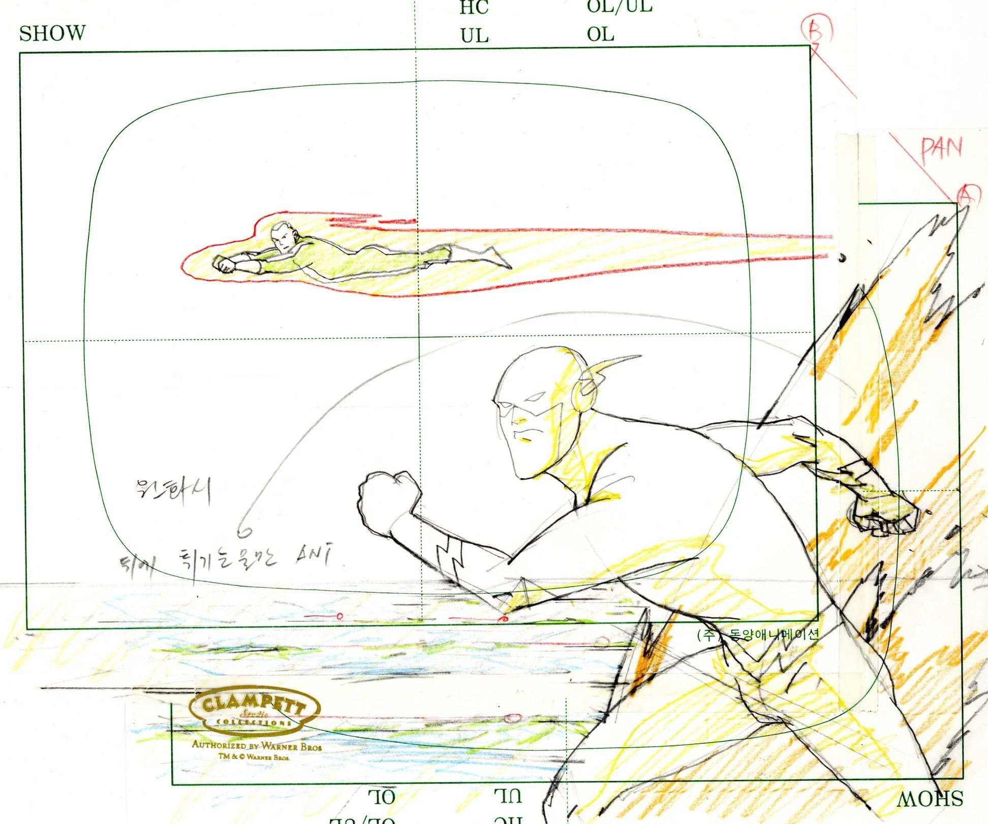 Justice League Original Production Layout Drawing: The Flash, Green Lantern - Art by Warner Bros. Studio Artists