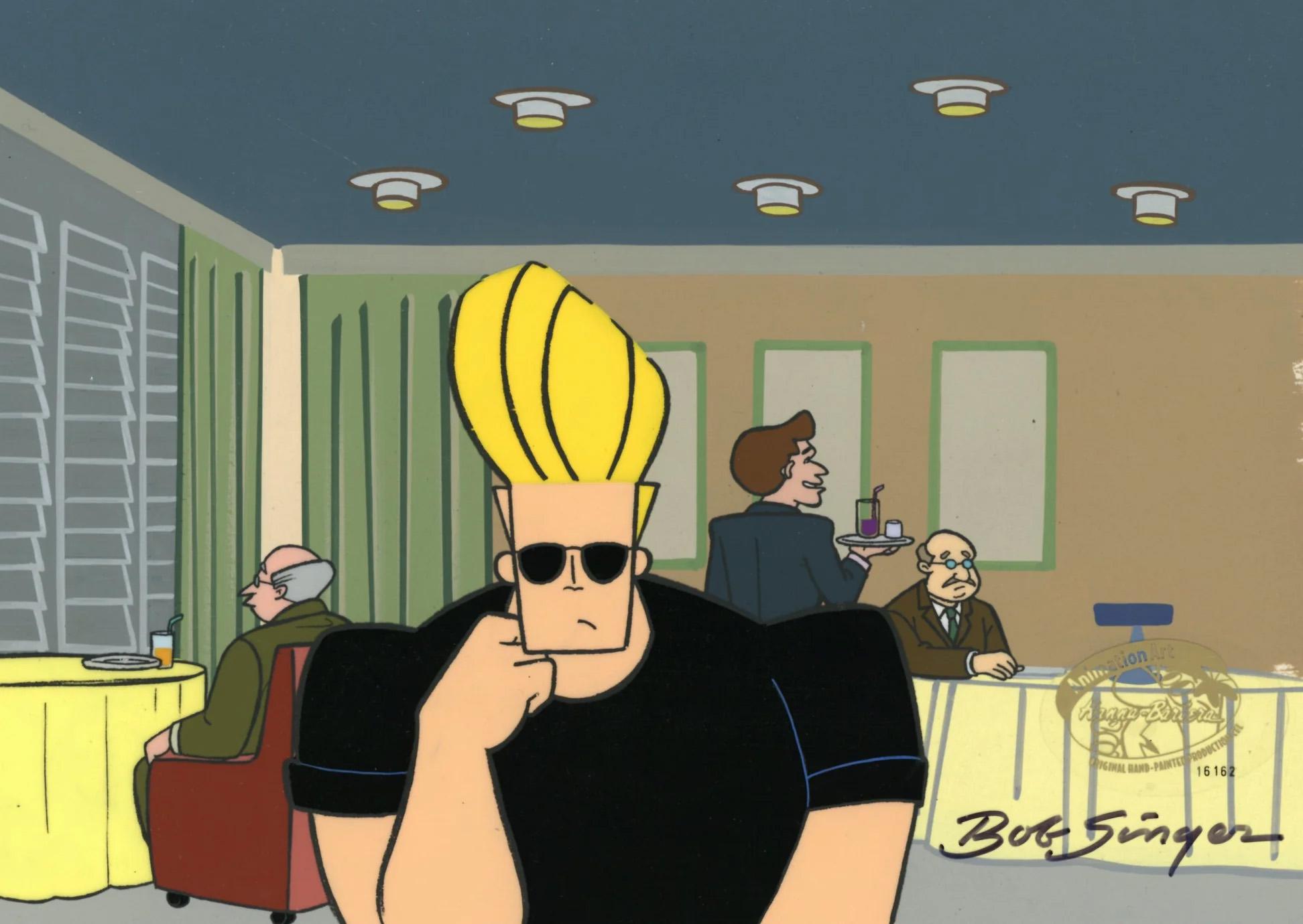 Johnny Bravo Cel de producción original sobre fondo original firmado por Bob Singer - Art de Hanna Barbera Studio Artists