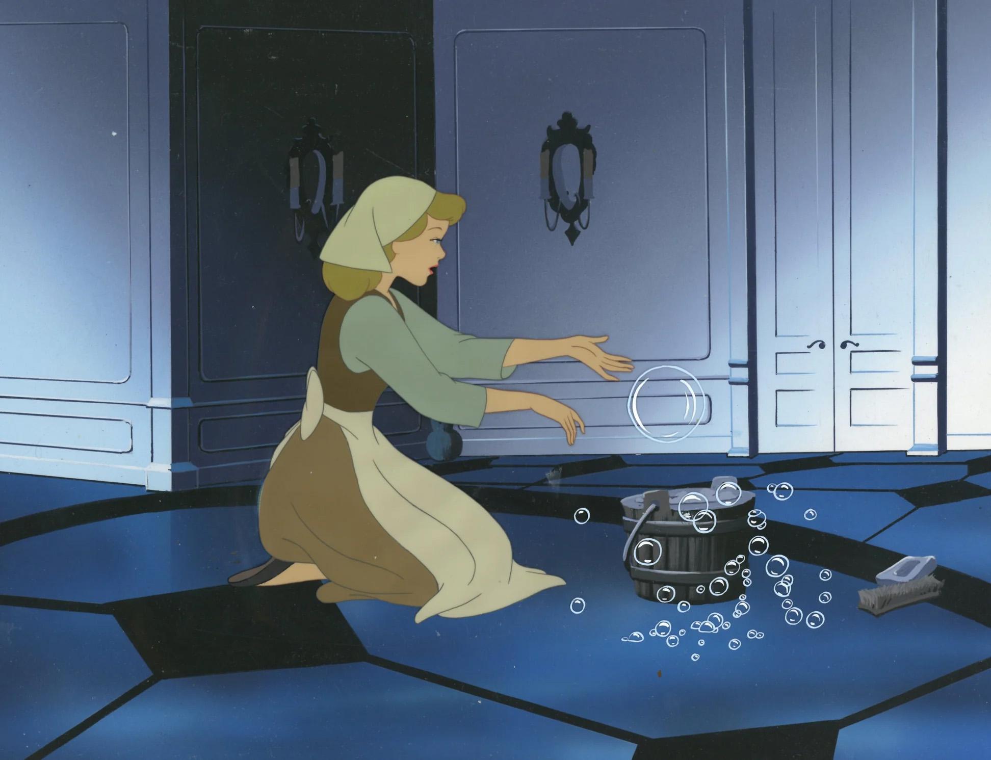 Cinderella Original Production Cel on Hand Painted Background: Cinderella - Art by Walt Disney Studio Artists