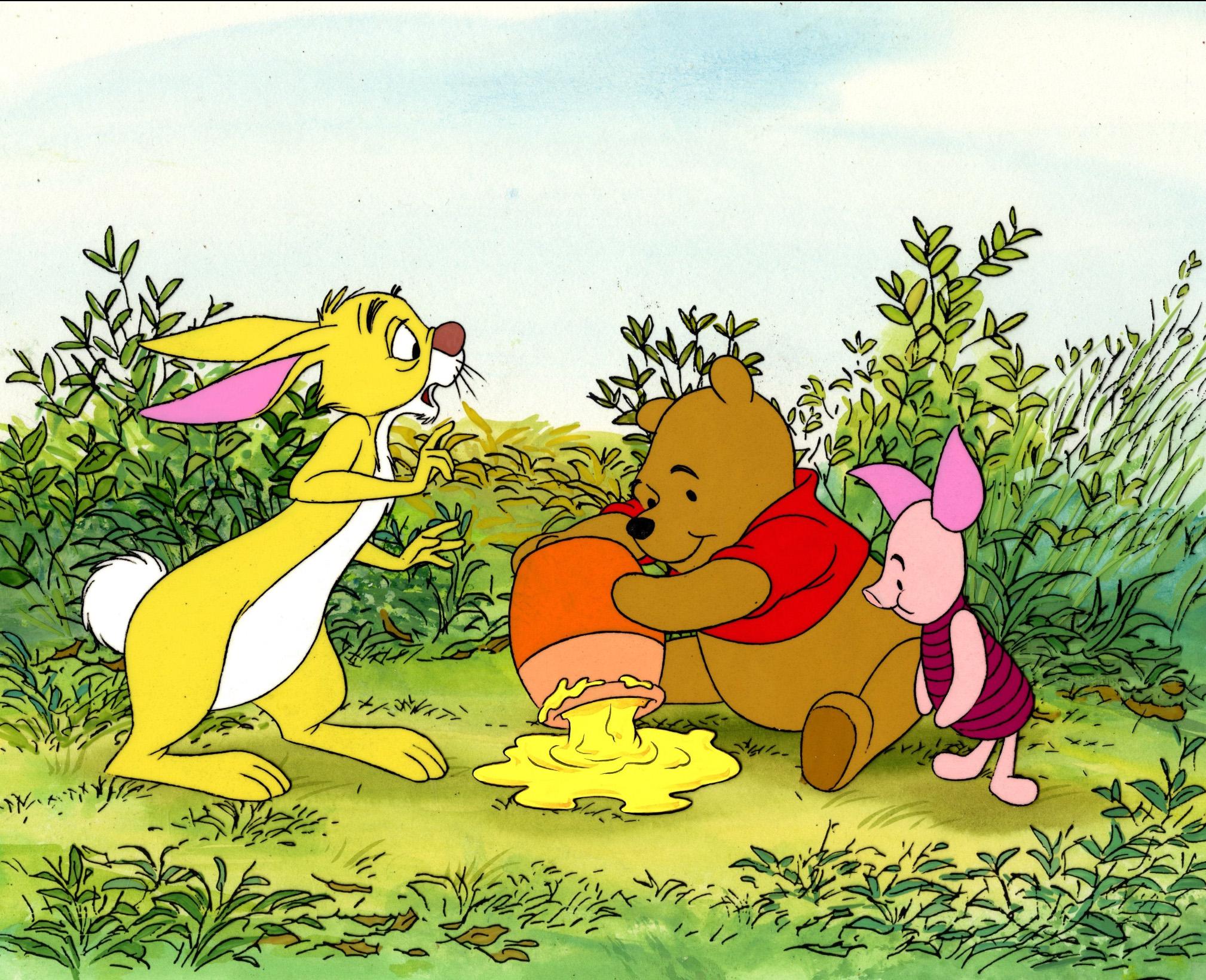 Cel et fond de production d'origine, encadré : Pooh, lapin, pigeon - Art de Walt Disney Studio Artists