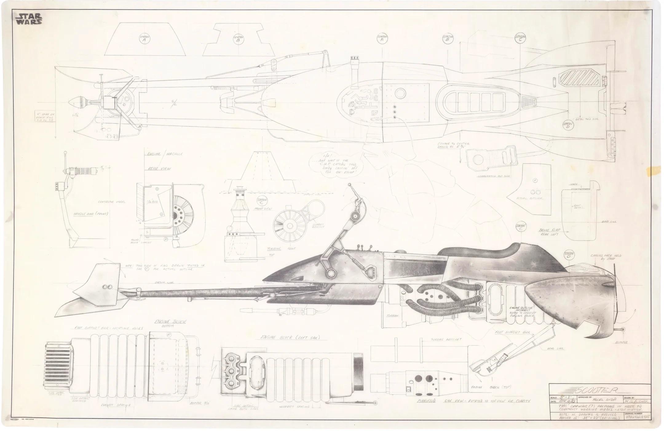 MEDIUM: Lorne Peterson Collection: Hand-Drawn Michael Glenn Fulmer Speeder Bike Blueprint
PRODUCTION: STAR WARS: EPISODE VI - RETURN OF THE JEDI (1983)
IMAGE SIZE: 36" x 23.75"
SKU: CCV2720B

Price includes framing.

ABOUT THE MEDIUM: A speeder bike