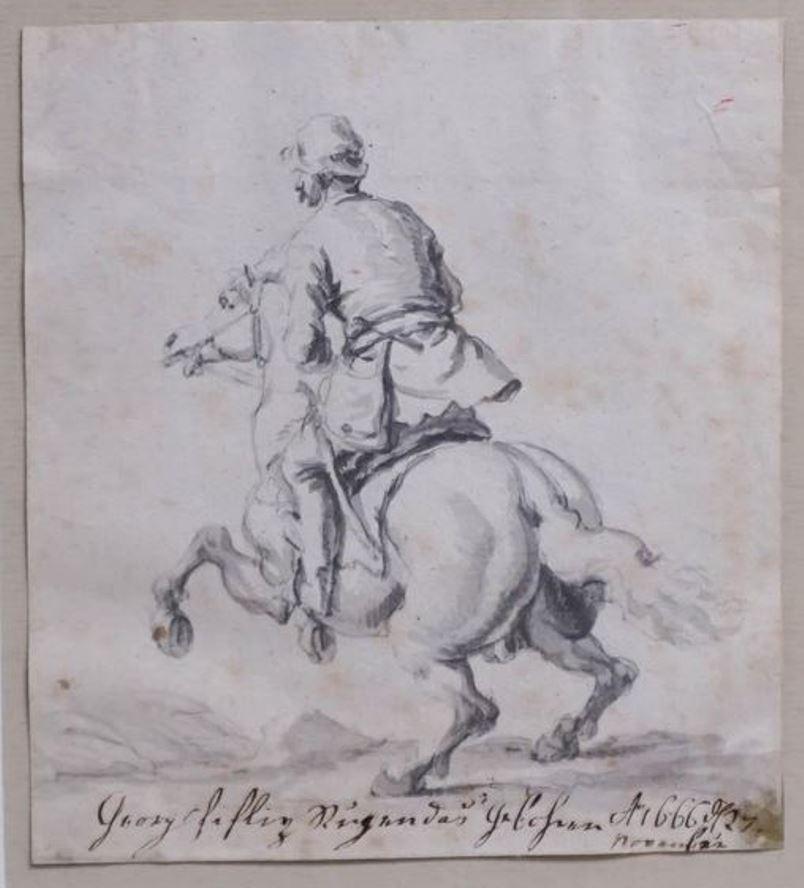 Fin du XVIIe siècle. Dessin d'un  cavalier au galop s'éloignant du spectateur - Art de Georg Philipp Rugendas the Elder