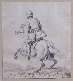 Fin du XVIIe siècle. Dessin d'un  cavalier au galop s'éloignant du spectateur