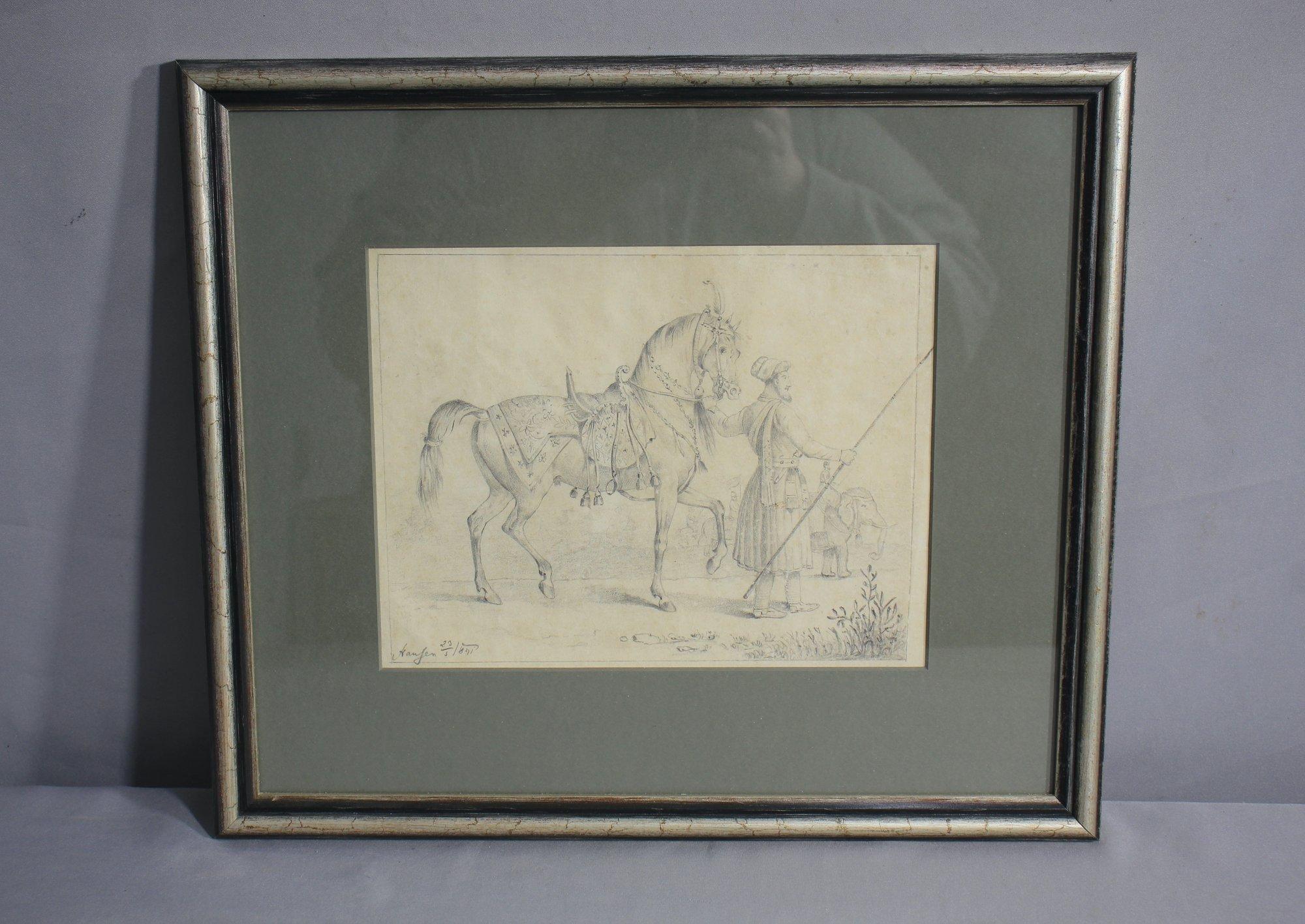 Dessin orientaliste représentant un cheval persan paradant et caparaçonné avec son cavalier, et des éléphants à l'arrière-plan 
attribuée  par Hans Jacob Hansen 1853-1947 
porte la signature 