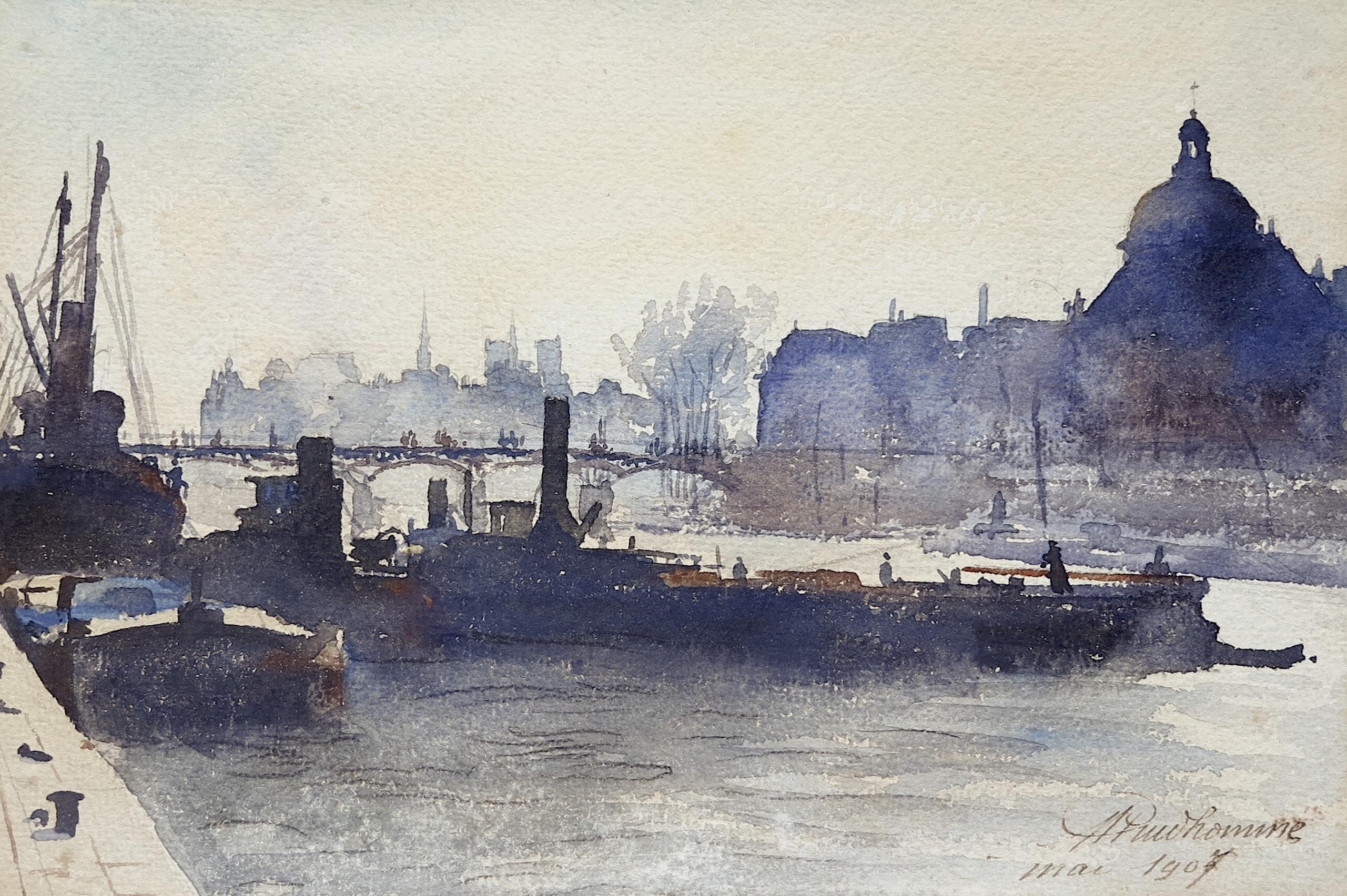 Panorama di Parigi con l'Institut de France e il Pont des Arts - Landscape Art Beige di Marcel Georges Prud'homme