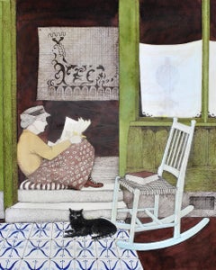 Les Mots Croises - French Lady & Cat Interior Watercolour Crossword Painting