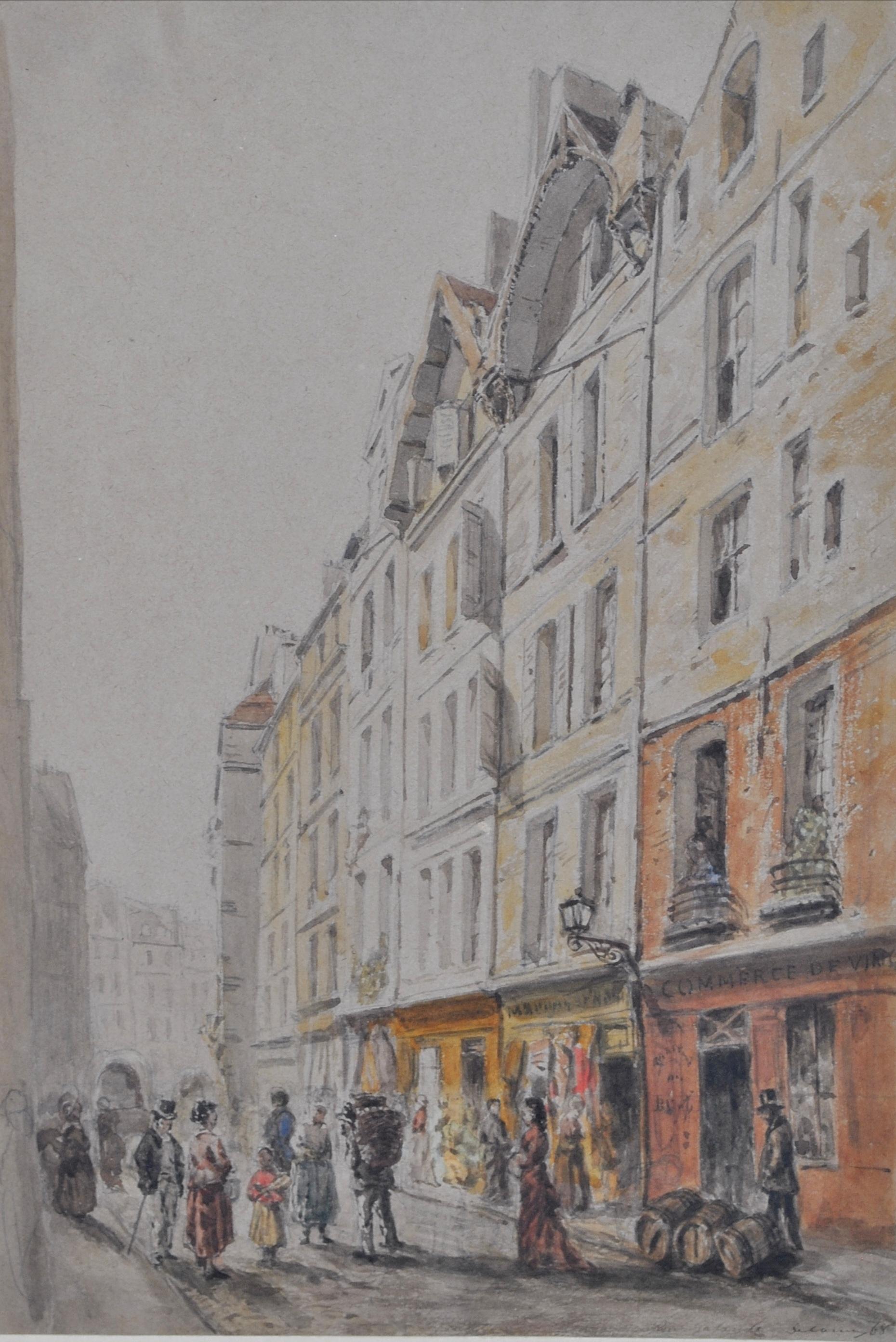 Rue Galande - Fine 19th Century French Paris Street Antique Watercolour Painting - Art by Alfred-Alexandre Delauney