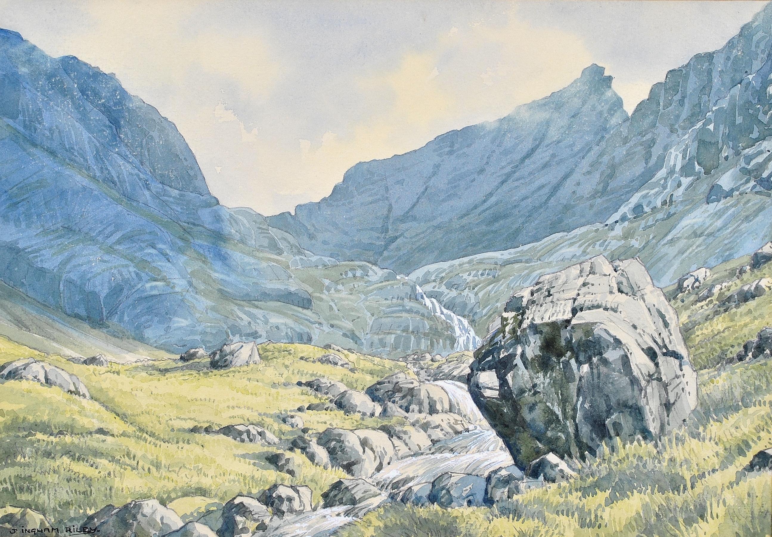 James Ingham Riley Landscape Art – Coire Lagan – Isle of Skye, schottische Berg Range, Aquarell-Landschaftsgemälde