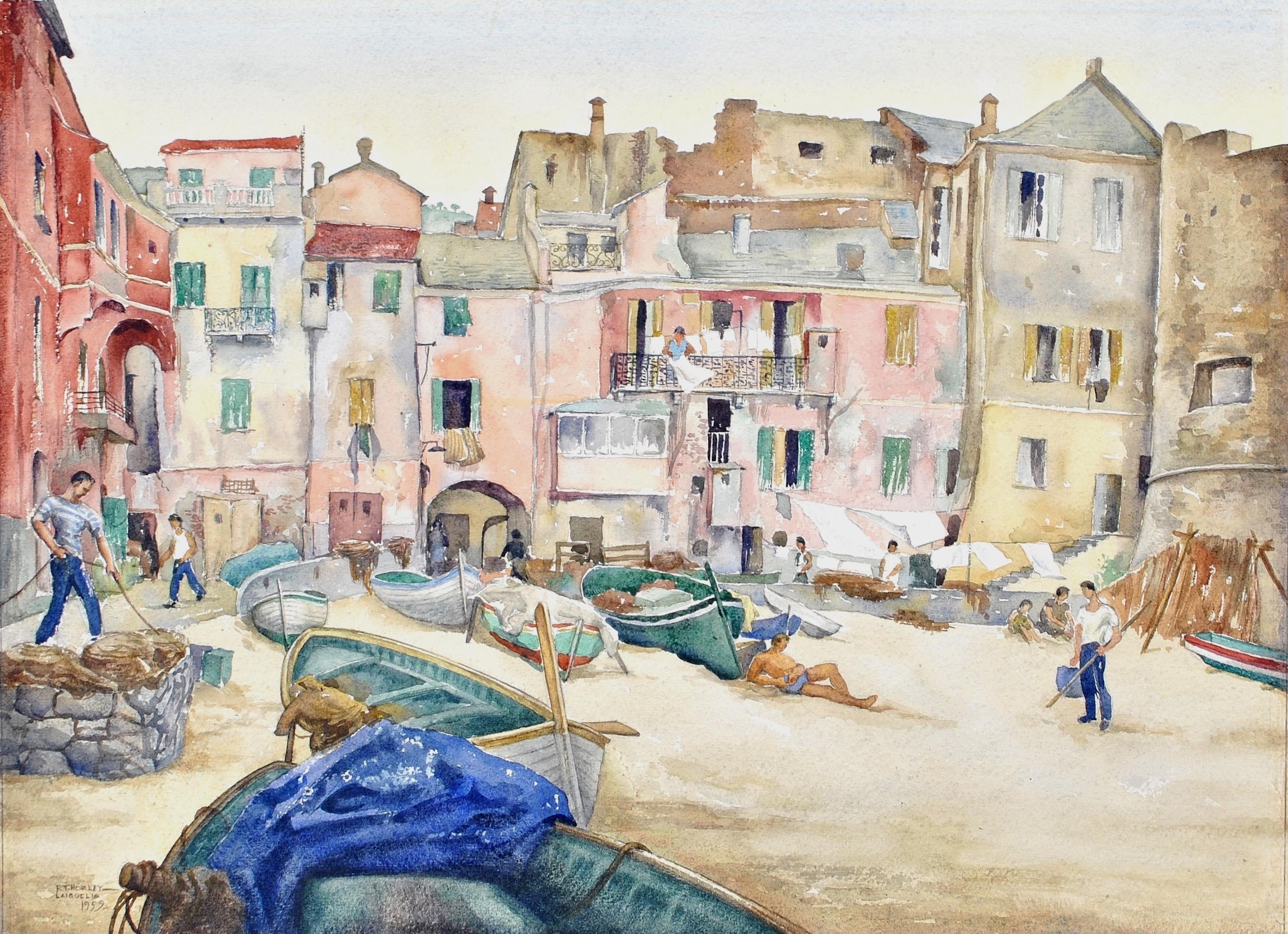 R. T. Horley Landscape Art – Großes Aquarellgemälde „Laiguelia – Coastal Beach Village on Italian Riviera“