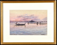 Venice Lagoon - Fine Antique English Italy Watercolor Sunset Landscape Painting (peinture à l'eau avec coucher de soleil)