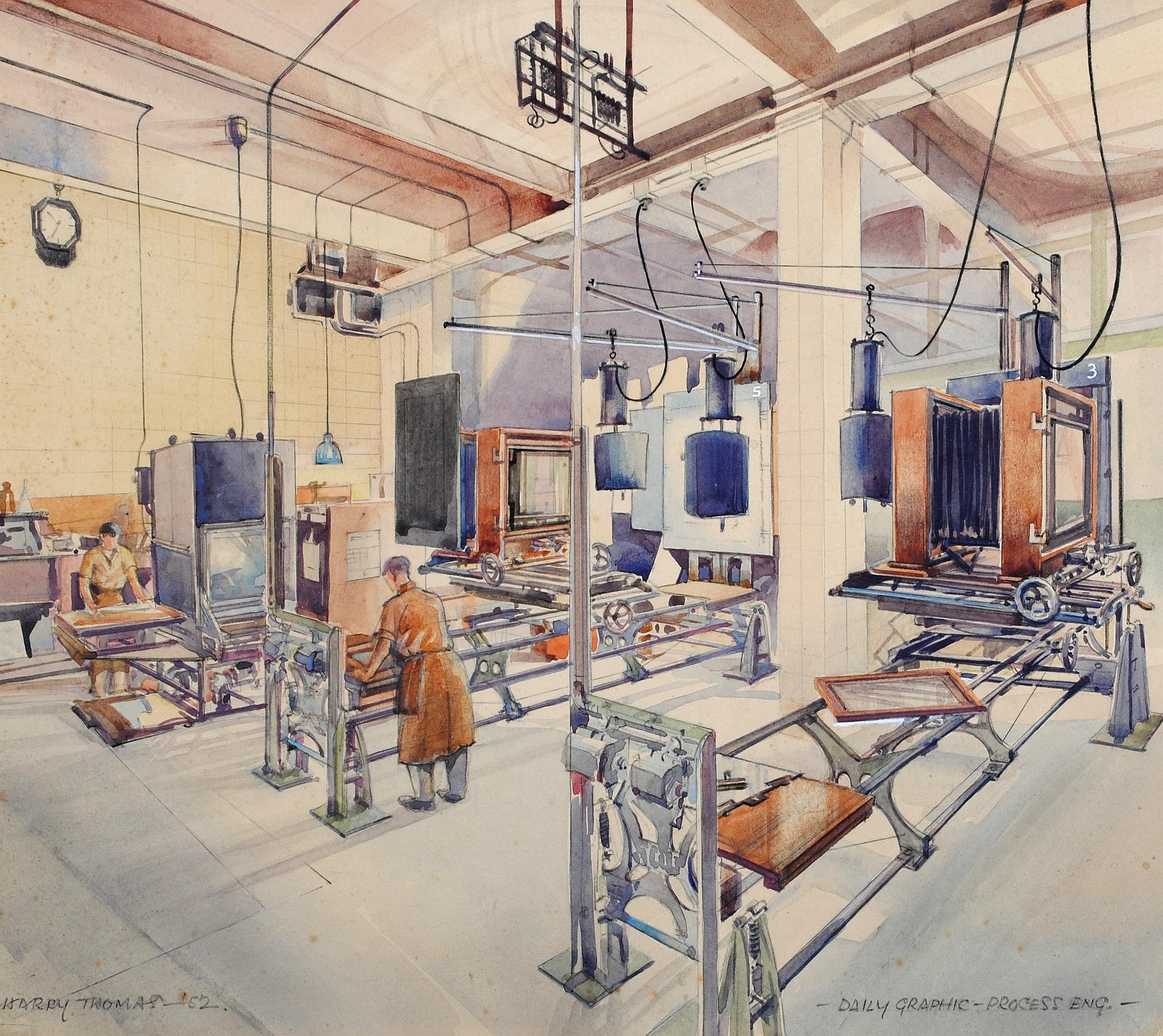 Interior Art di Harry Thomas - Processo grafico quotidiano - Pittura ad acquerello industriale di fabbrica della metà del XX secolo