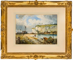 Una vista de Brest - Pintura antigua de un paisaje costero francés del siglo XIX
