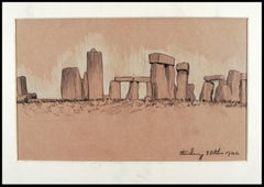 Stonehenge - Moderne britische Landschaft aus der Mitte des 20. Jahrhunderts Kohlestiftzeichnung