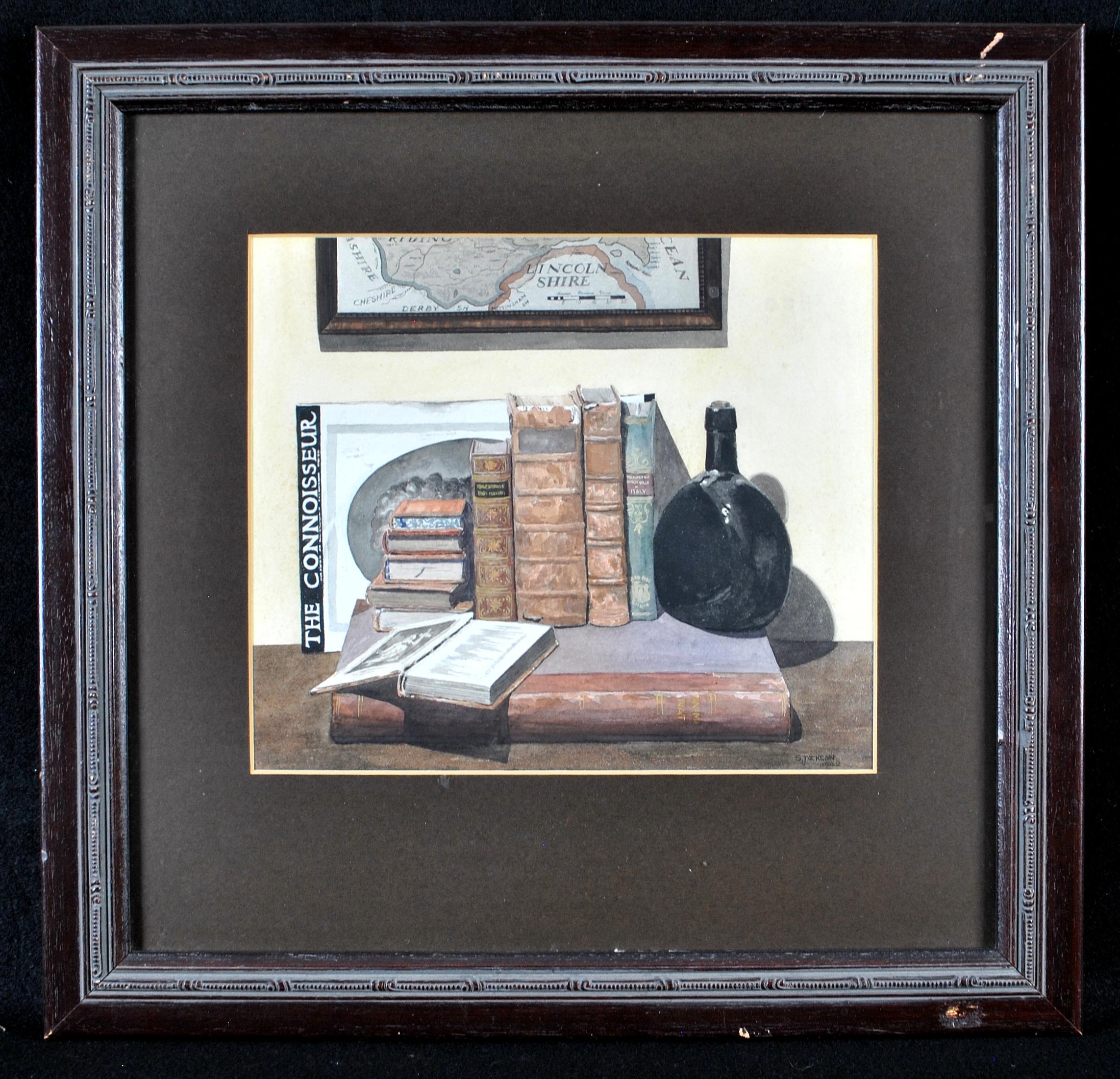 Unknown Still-Life - Gentleman's Library - Fine Still Life Painting with Books & Map of Lincolnshire