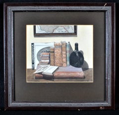 Vintage Gentleman's Library - Fine Still Life Painting with Books & Map of Lincolnshire