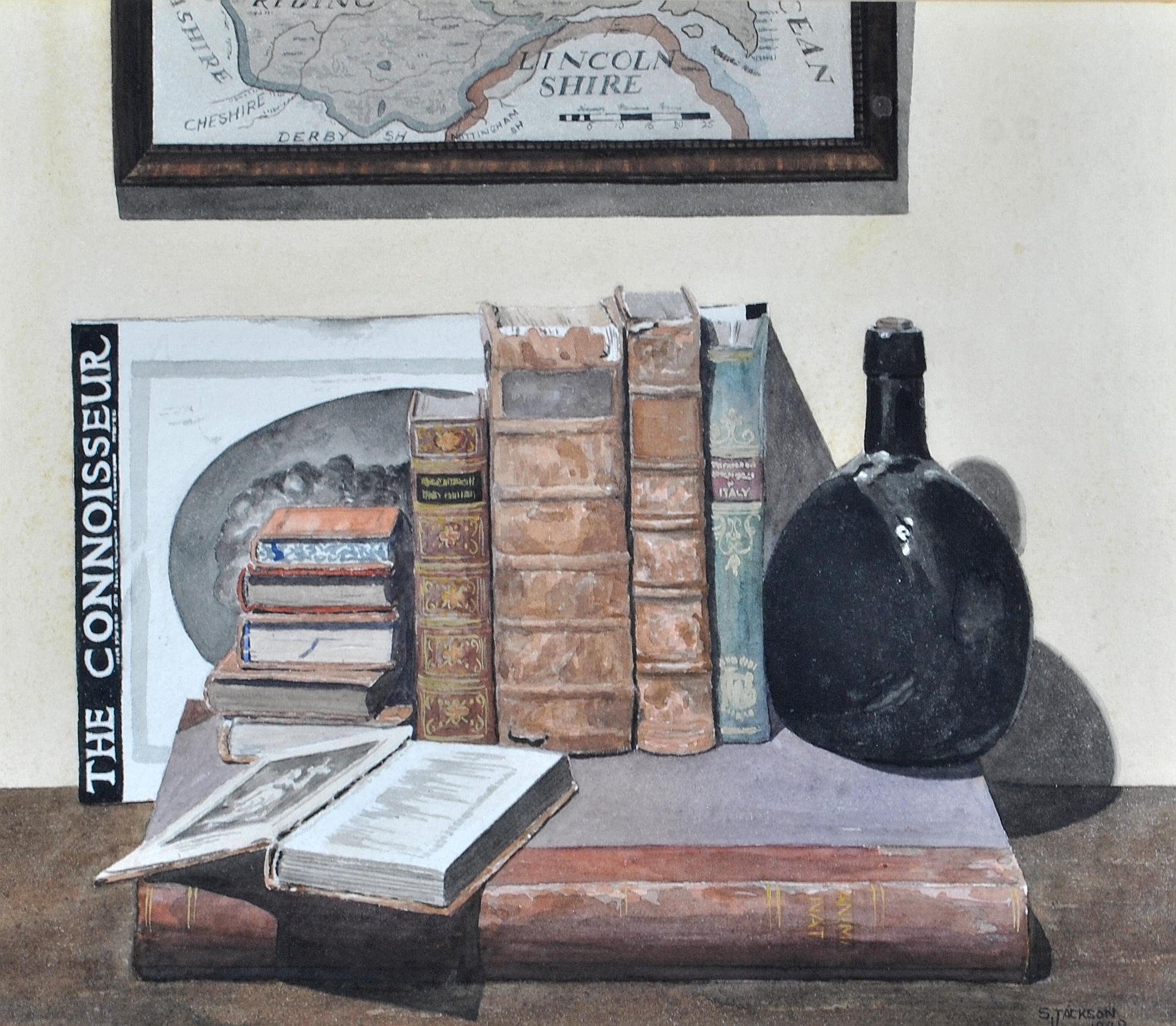 Gentleman's Library - Fine Still Life Painting with Books & Map of Lincolnshire - Art by Unknown