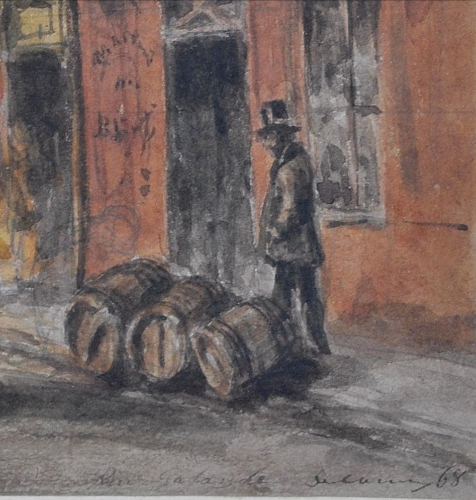 A fine signed and dated 1868 watercolour and pencil on laid paper depicting a bustling scene on Rue Galande in the 5th arrondissement of Paris, by Alfred-Alexandre Delauney. Excellent quality work by this notable etcher and painter who is said to