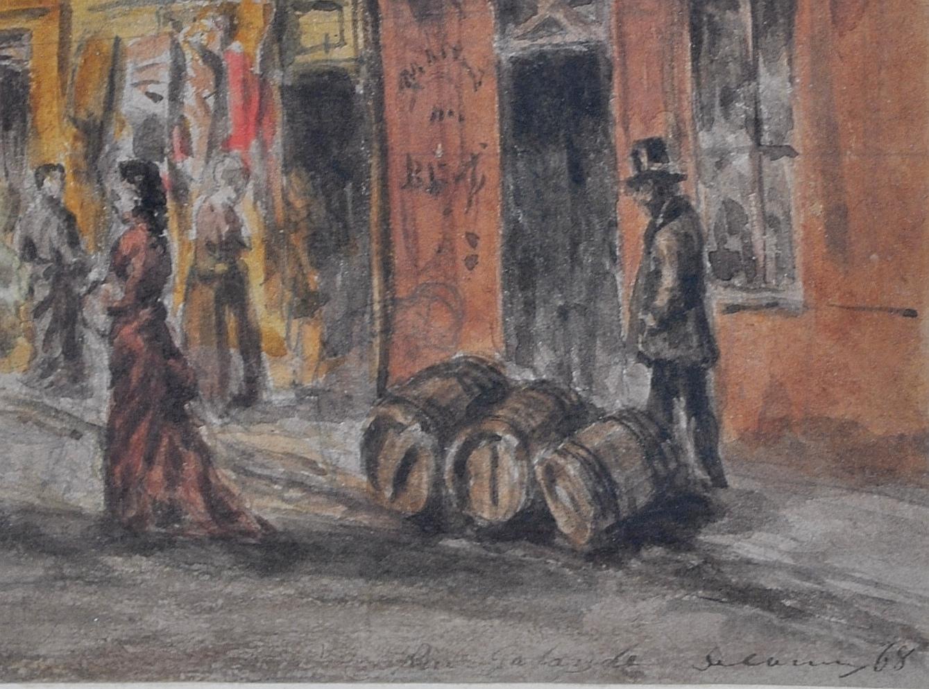 Rue Galande - Fine 19th Century French Paris Street Antique Watercolour Painting For Sale 1
