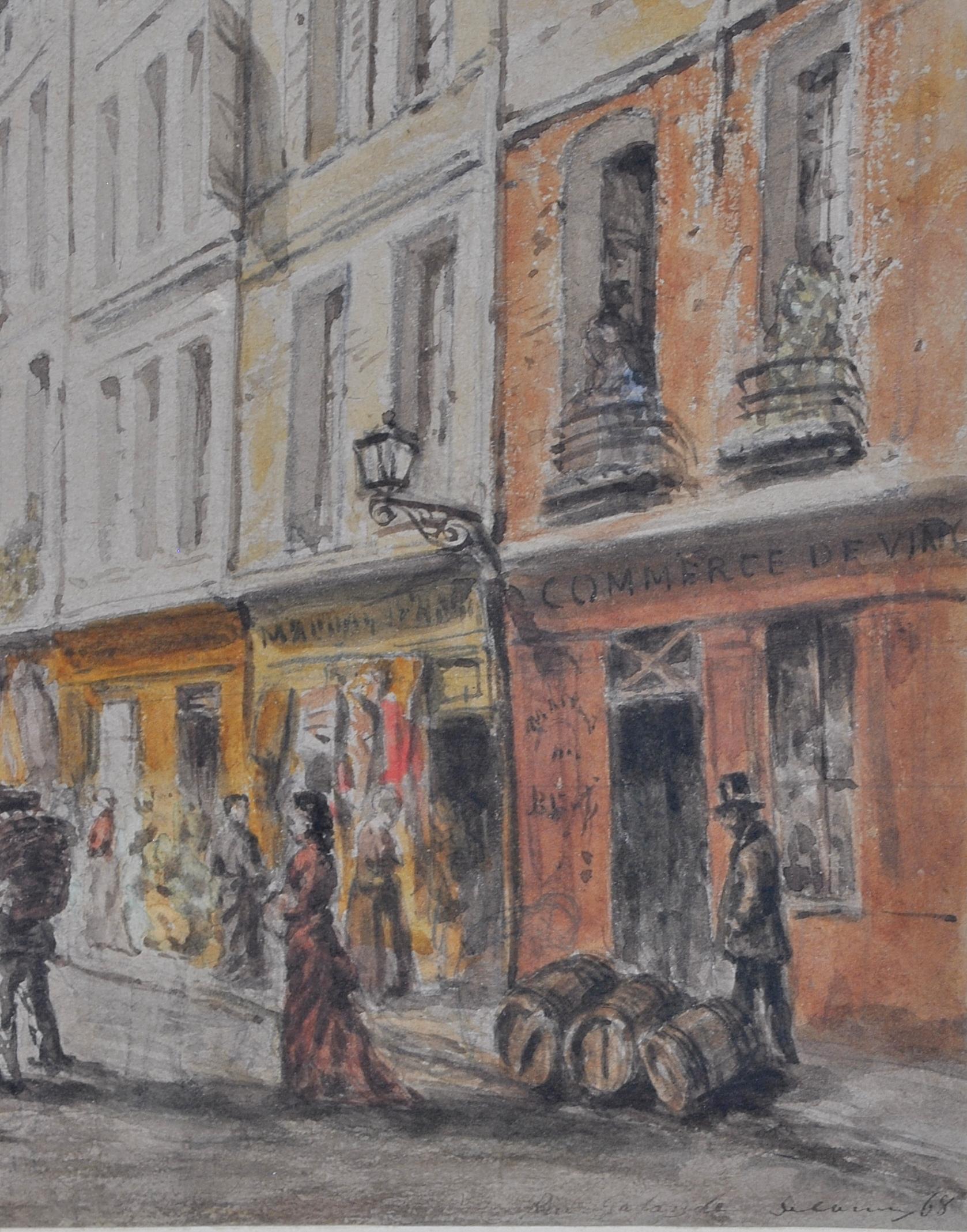 A fine signed and dated 1868 watercolour and pencil on laid paper depicting a bustling scene on Rue Galande in the 5th arrondissement of Paris, by Alfred-Alexandre Delauney. Excellent quality work by this notable etcher and painter who is said to