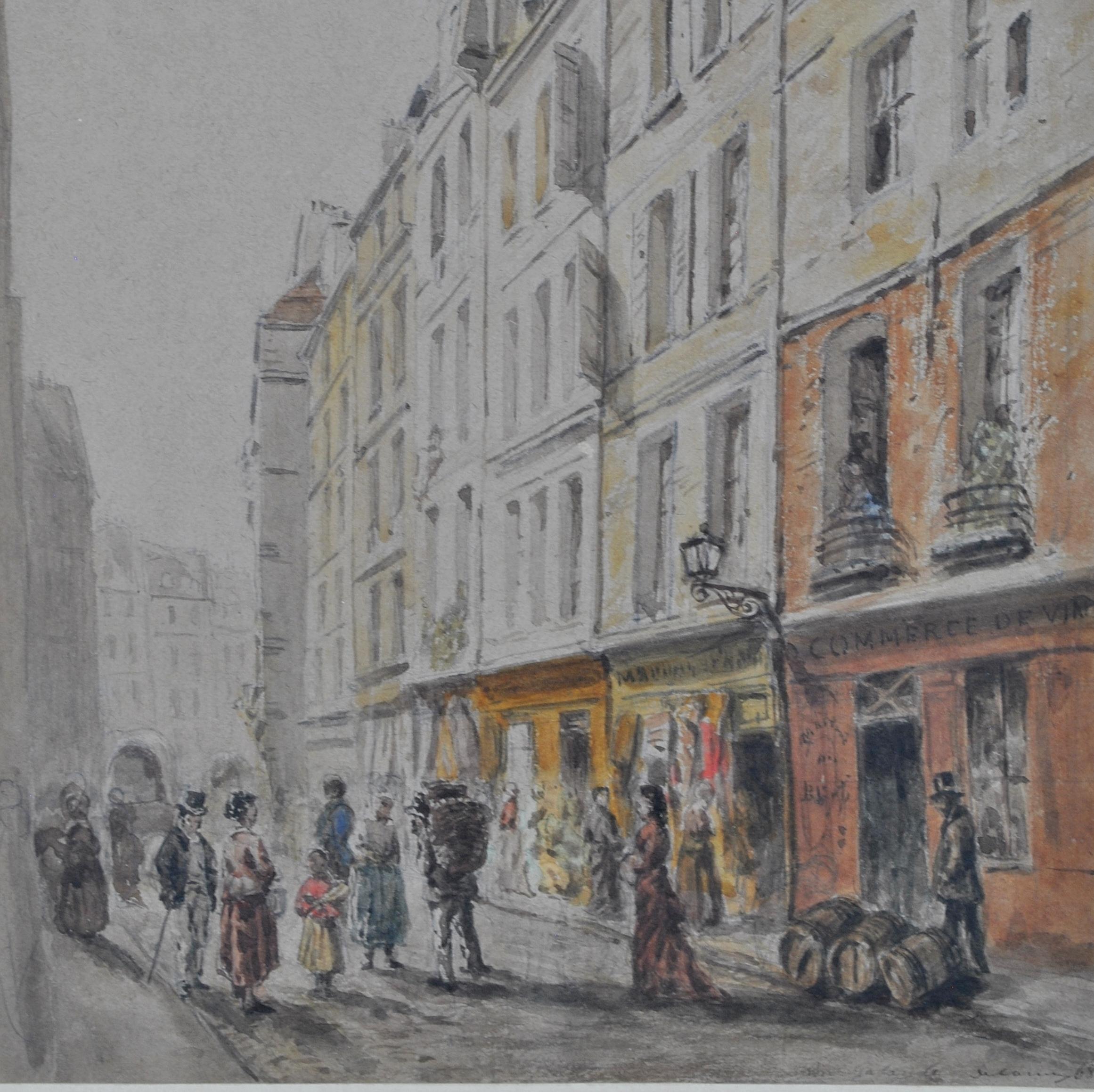 Rue Galande - Fine 19th Century French Paris Street Antique Watercolour Painting - Gray Landscape Art by Alfred-Alexandre Delauney