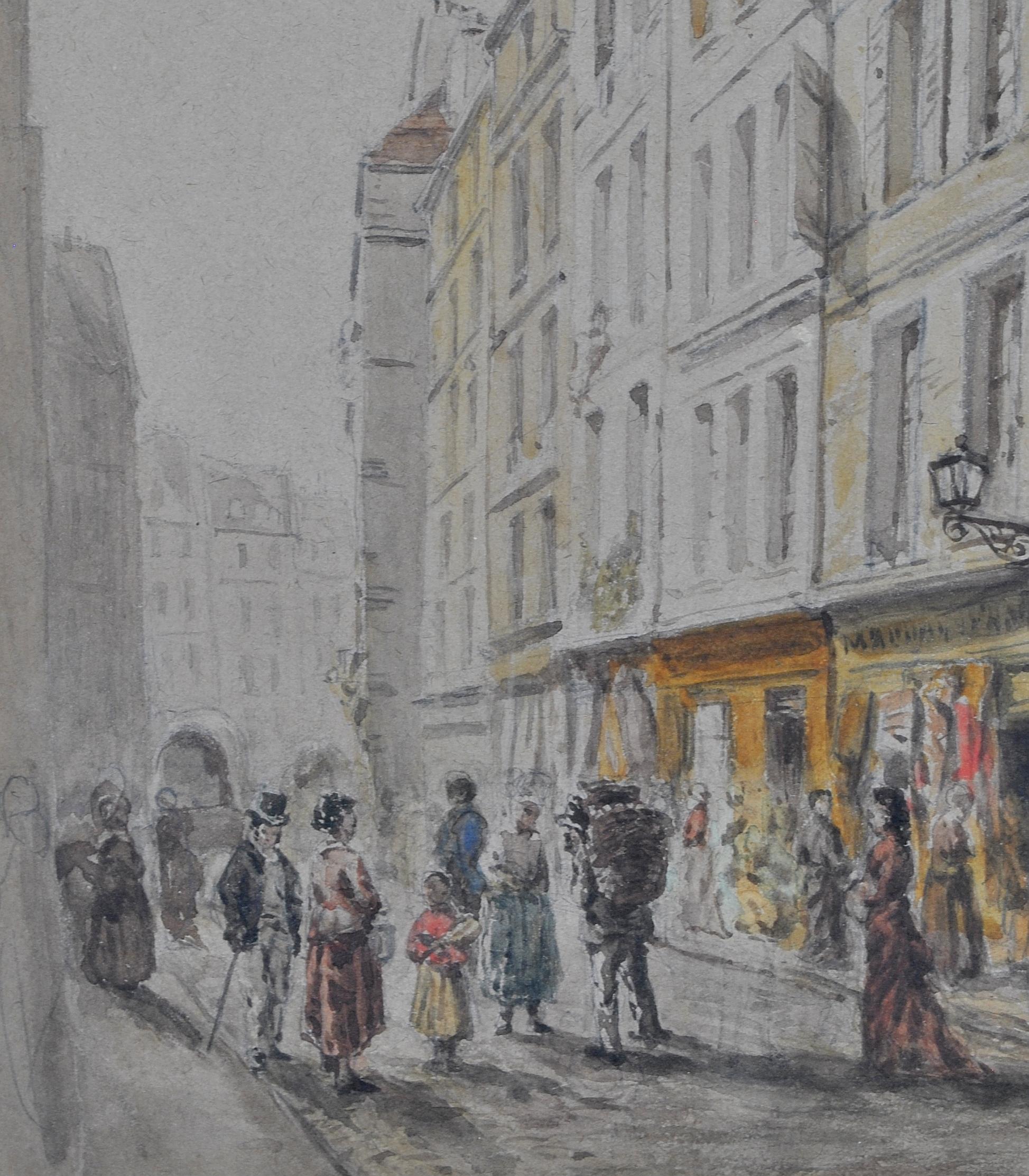 Rue Galande - Fine 19th Century French Paris Street Antique Watercolour Painting For Sale 3