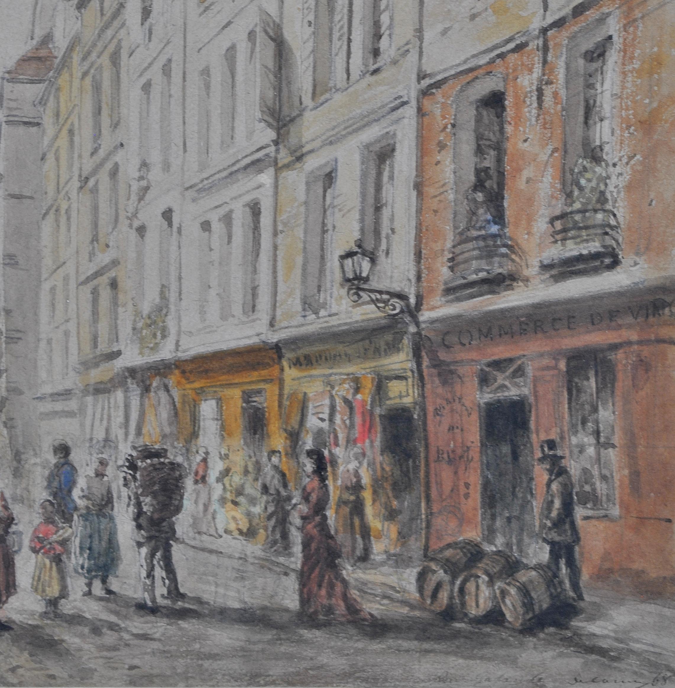 Rue Galande - Fine 19th Century French Paris Street Antique Watercolour Painting For Sale 4