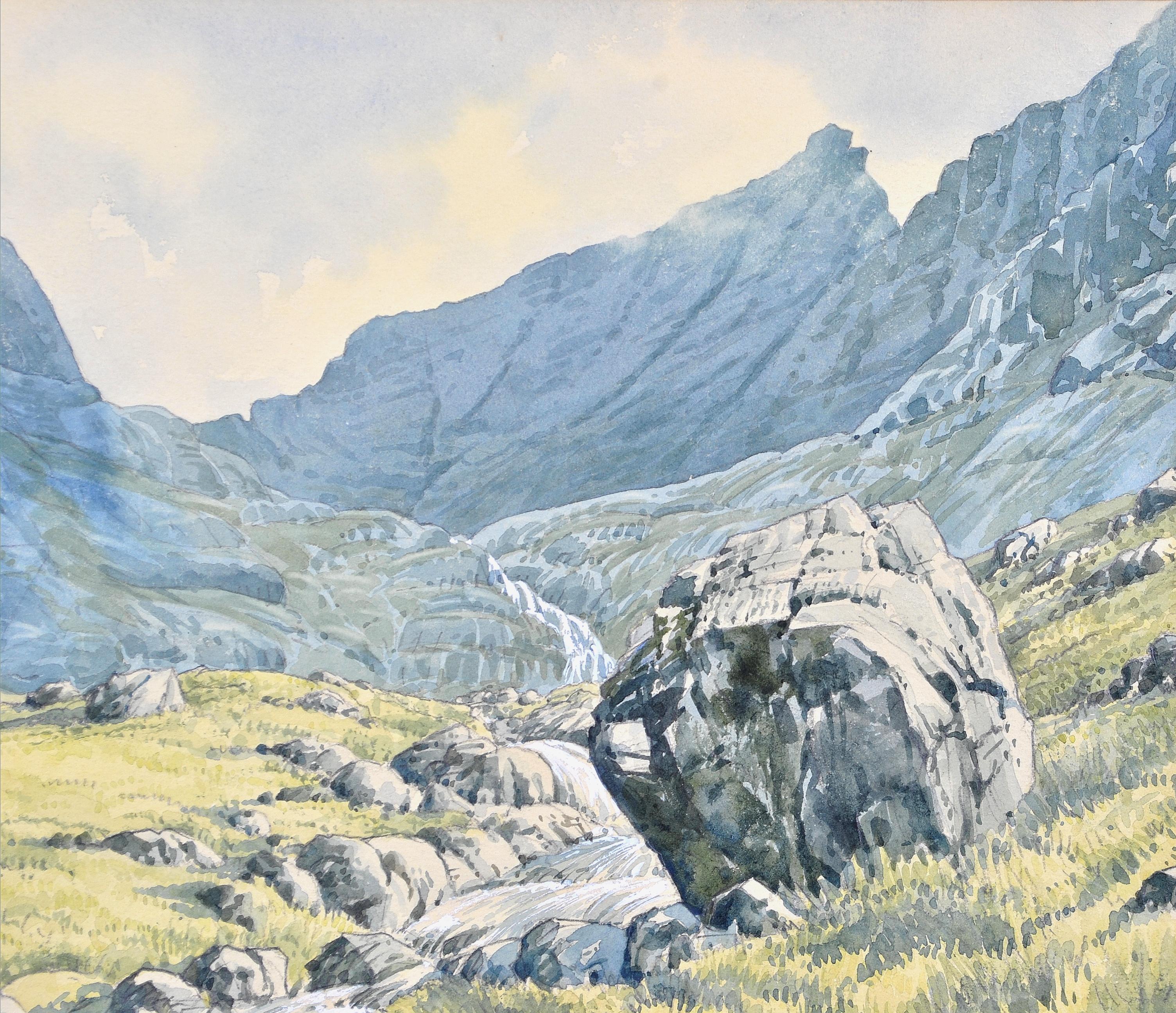 Coire Lagan – Isle of Skye, schottische Berg Range, Aquarell-Landschaftsgemälde (Grau), Landscape Art, von James Ingham Riley