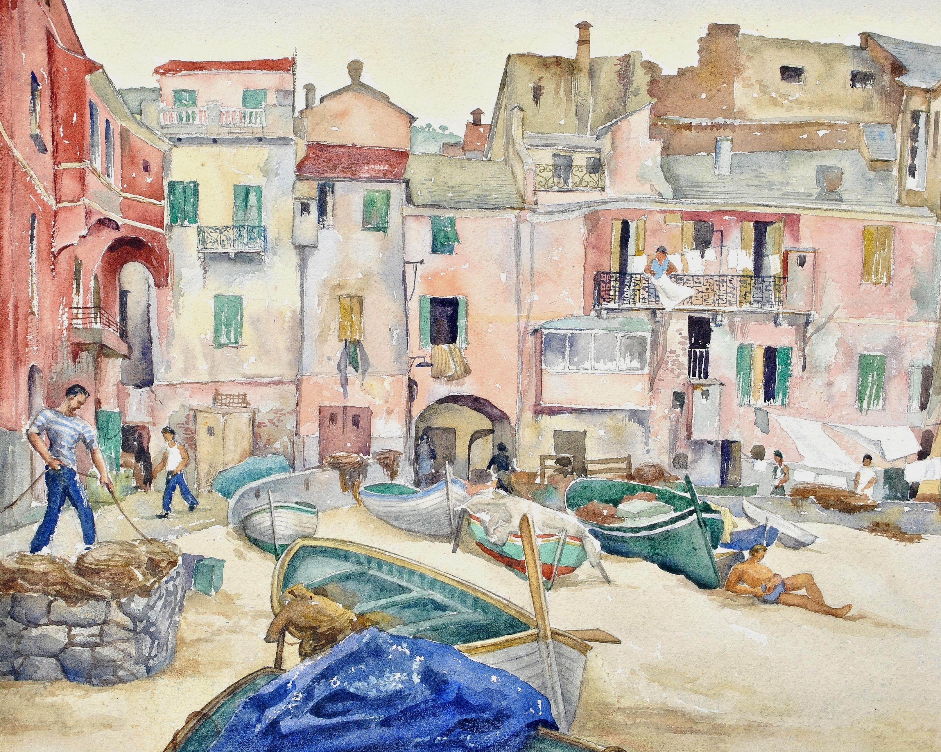 Großes Aquarellgemälde „Laiguelia – Coastal Beach Village on Italian Riviera“ – Art von R. T. Horley