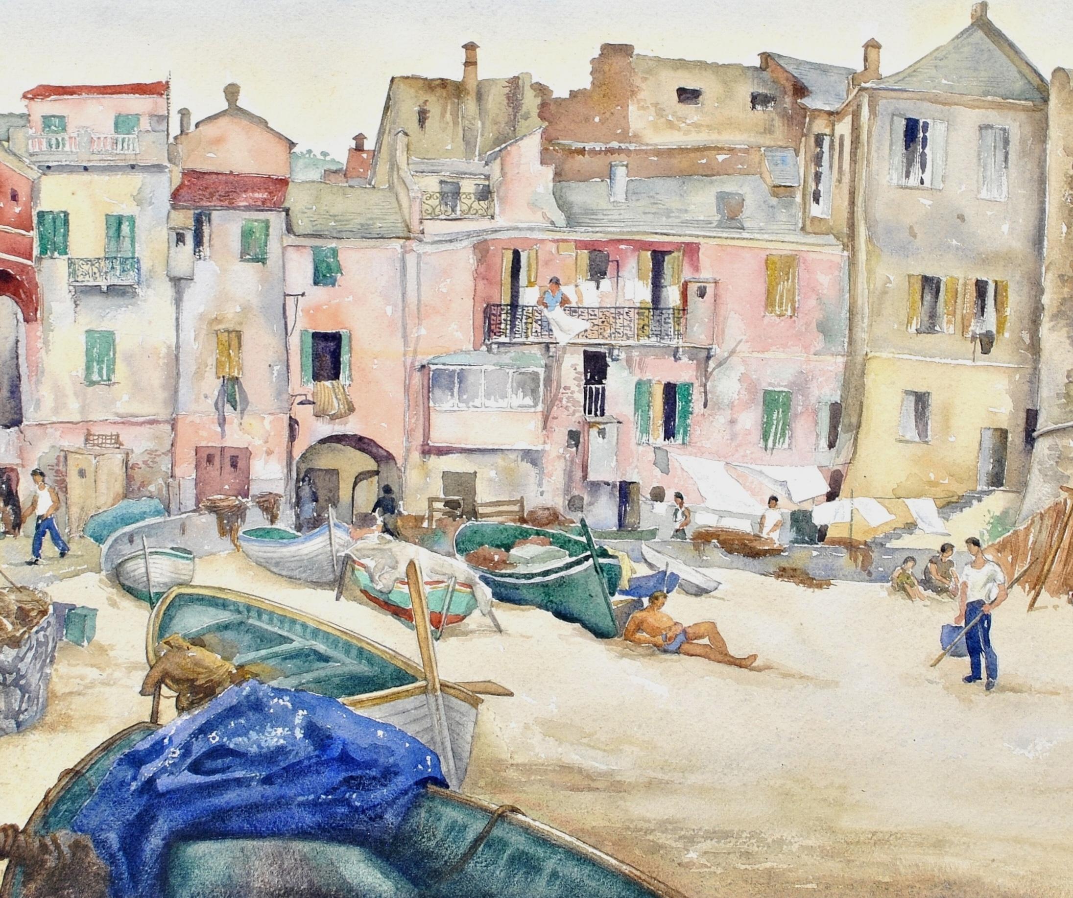 Laiguelia - Coastal Beach Village on Italian Riviera Large Watercolor Painting - Modern Art by R. T. Horley