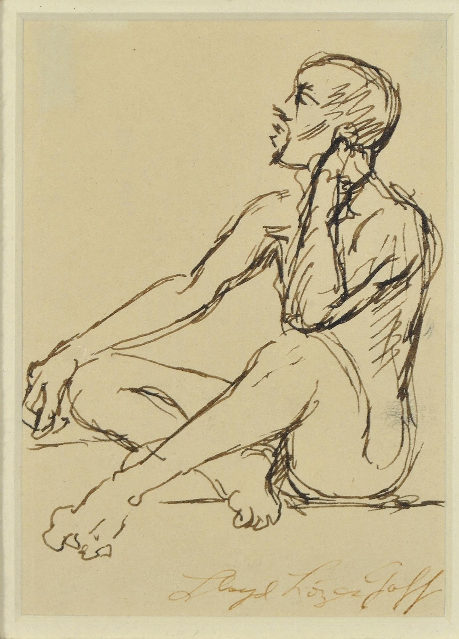 A beautiful mid 20th century pen and ink figurative study of a seated man titled ''Listening'' by American artist Lloyd Lozes Goff.

Artist: Lloyd Lozes Goff (American, 1908-1982)
Title: Listening
Medium: Pen & ink on paper
Size: 12.5 x 10.5 inches