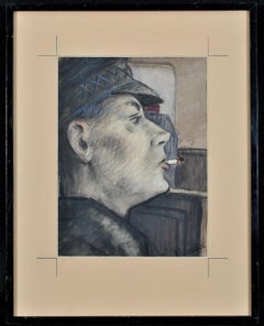 Homme qui fume - Portrait d'un jeune homme Peinture aquarelle anglaise ancienne