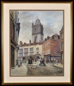 City of London - View Towards St. Giles Cripplegate Antique Watercolor Painting