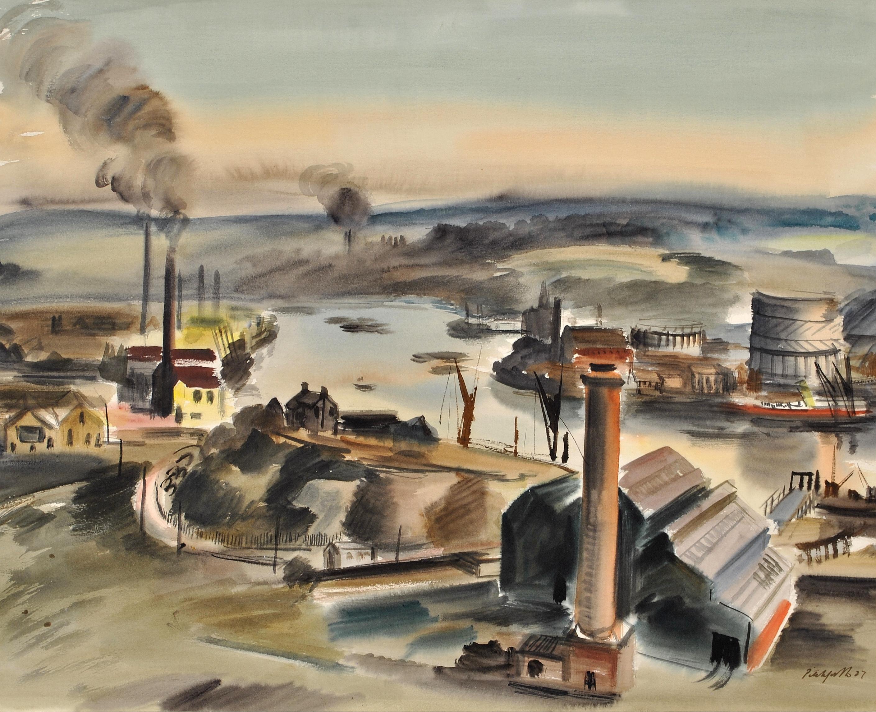 The Medway, Rochester - Large Modern British Kent Landscape Watercolor Painting - Art by Roland Vivian Pitchforth, RA, ARWS
