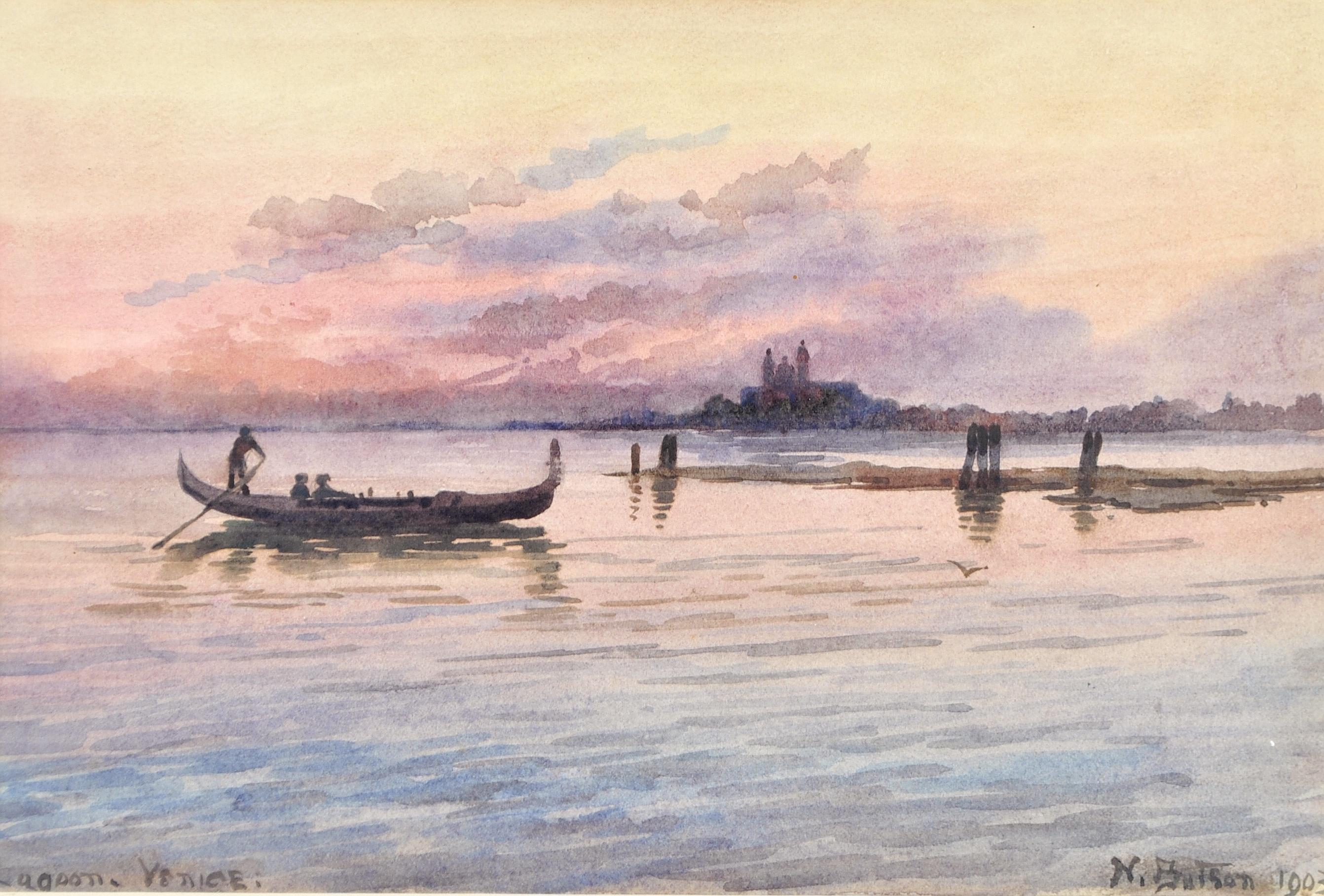 Venice Lagoon - Fine Antique English Italy Watercolor Sunset Landscape Painting - Art by Nora Butson