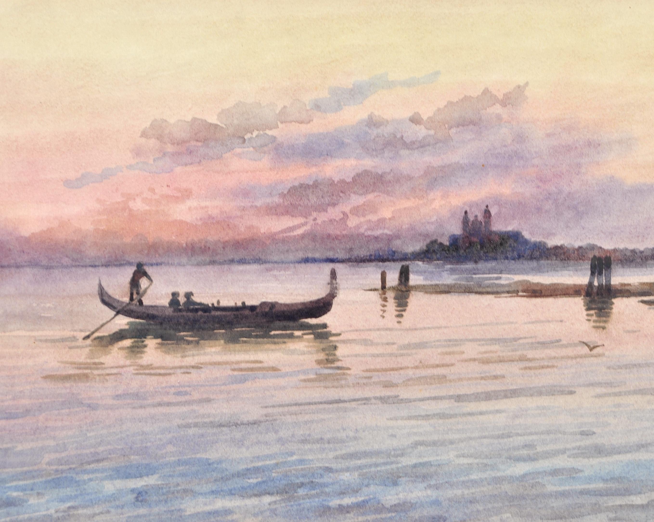 Venice Lagoon - Fine Antique English Italy Watercolor Sunset Landscape Painting For Sale 1