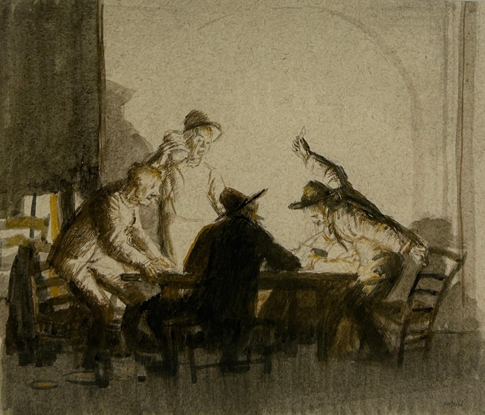 Figurative Art Robert Sargent Austin, R.A., P.R.E., P.R.W.S. - Les joueurs de cartes, Espagne - dessin d'intérieur figuratif anglais au crayon et à l'aquarelle