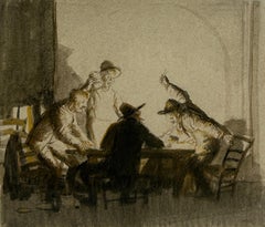 Card Players, Spain - English Pencil & Watercolor Figurative Interior Drawing