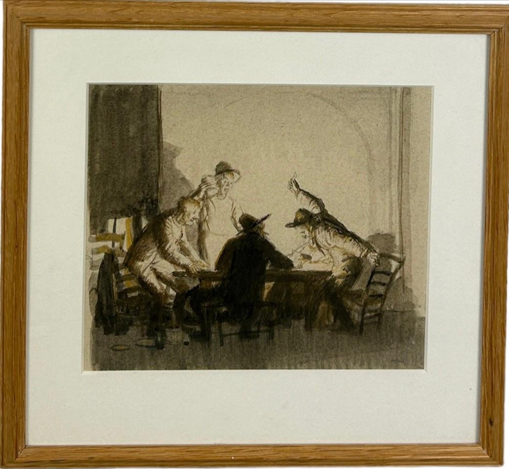 Les joueurs de cartes, Espagne - dessin d'intérieur figuratif anglais au crayon et à l'aquarelle - Art de Robert Sargent Austin, R.A., P.R.E., P.R.W.S.